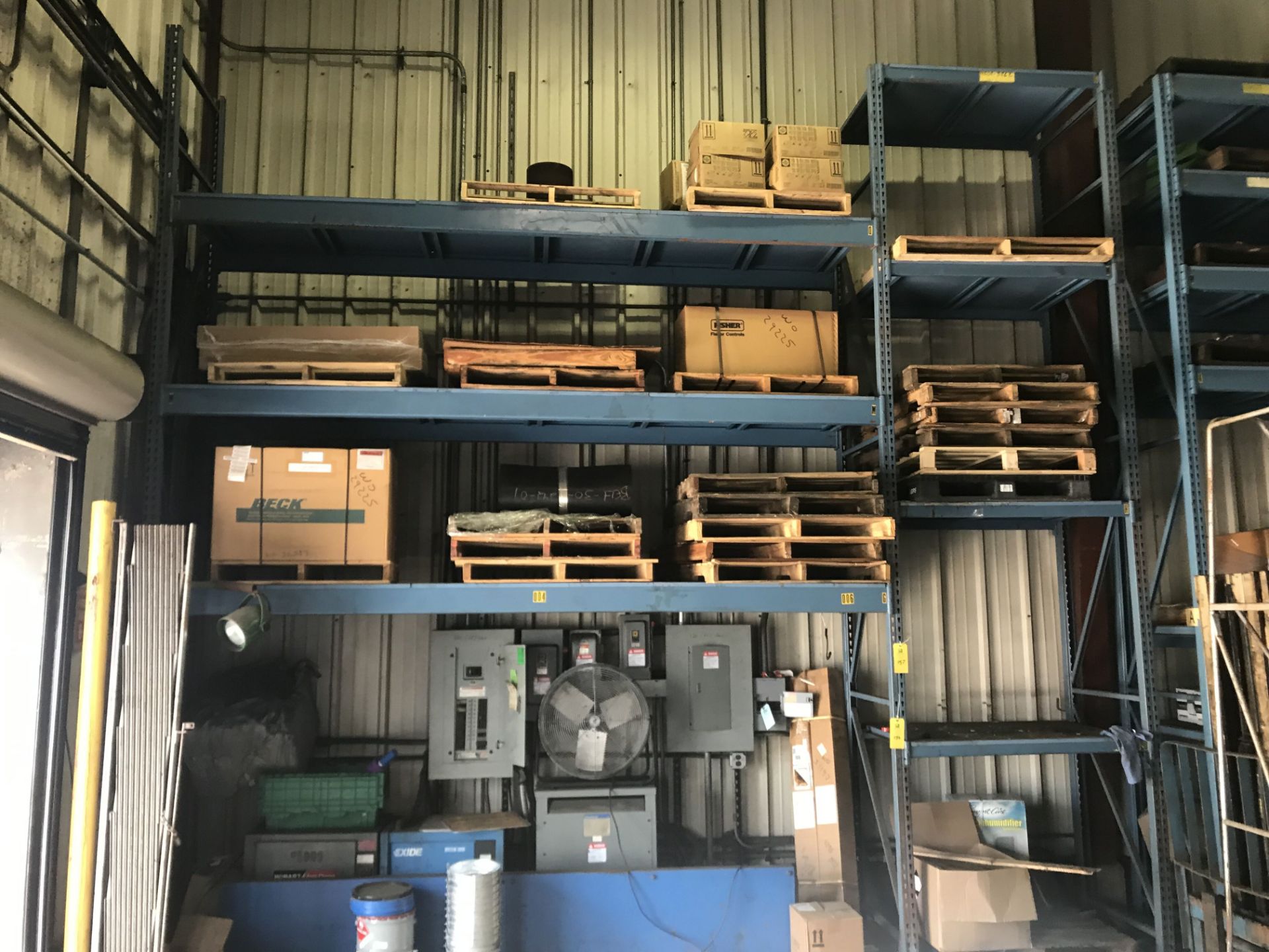 All Contents On Pallet Racking: Battery Chargers, Fisher Controls, Beck Drive, Dehumidfier & More
