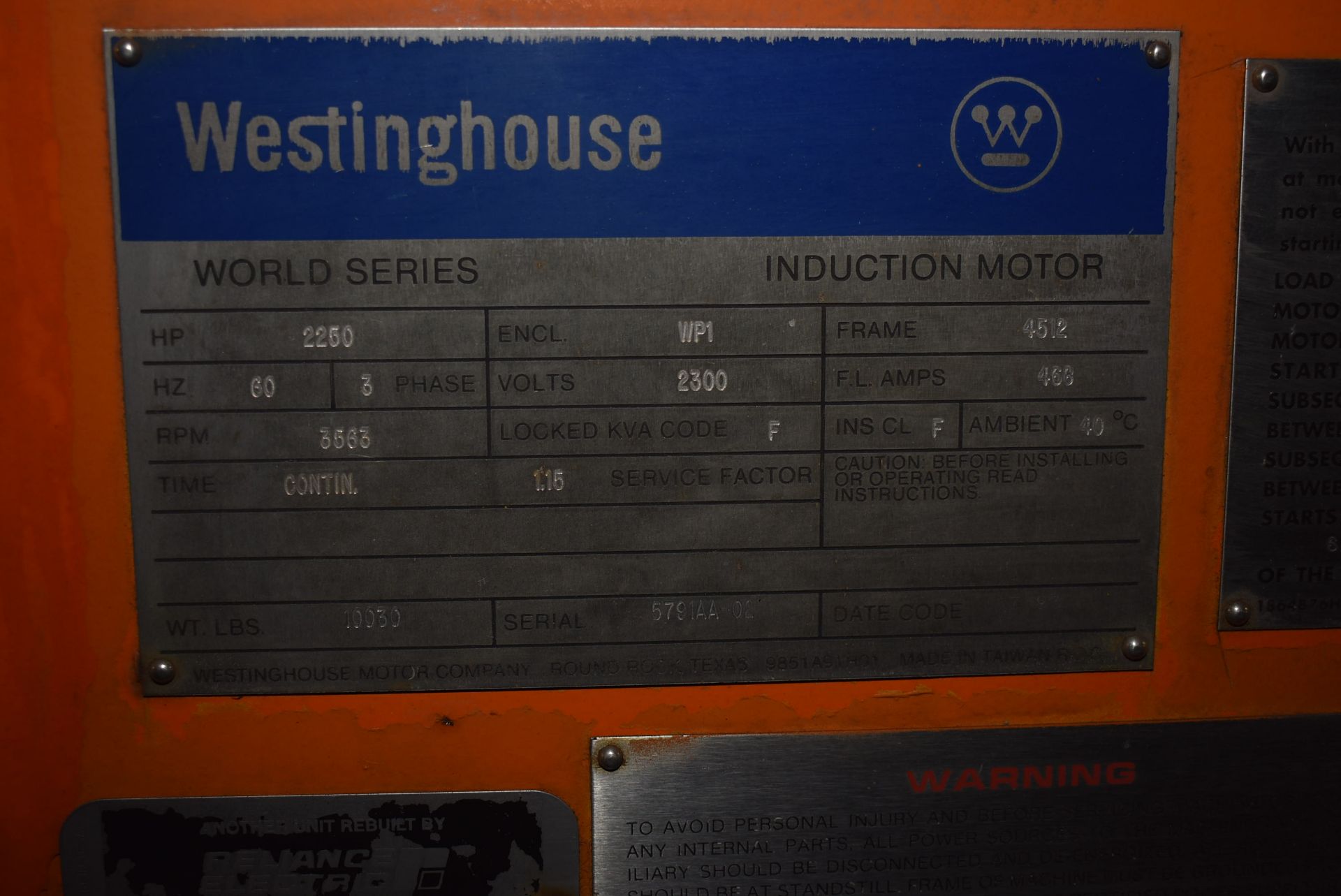 Westinghouse 2250 HP Motor, Frame 4512, and Pump - Image 2 of 2