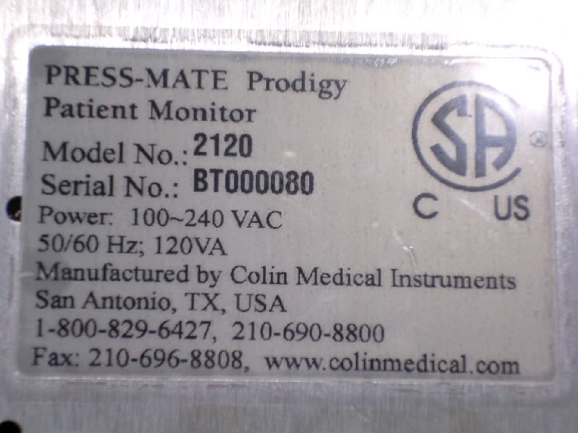 Colin/ Press-Mate, Prodigy Patient Monitor, Model 2120, Qty 1, 220691980619 - Image 8 of 8