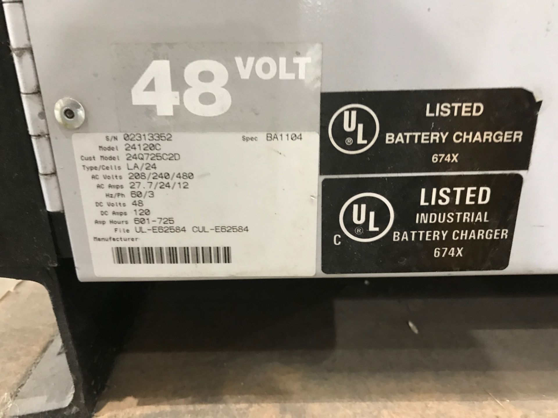 Fork Lift Battery Charger, 48V, Model# 24120C, Serial# 02313352, (LATE PICKUP: CANNOT BE PICKED - Image 2 of 3