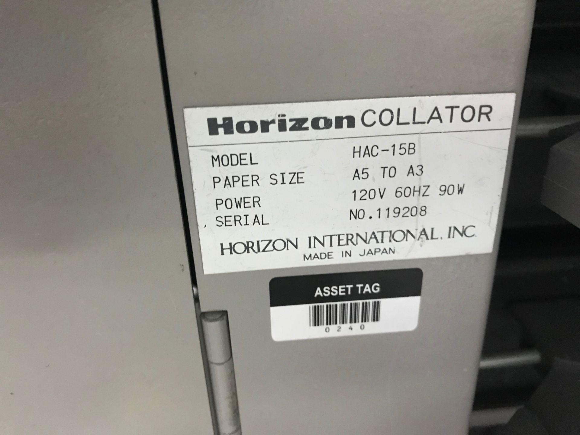 Horizon Vertical Collator, Model# HAC-15B, Serial# 119007, Paper Size A5 to A3, 120 V, 60 Hz, 90 - Image 4 of 7
