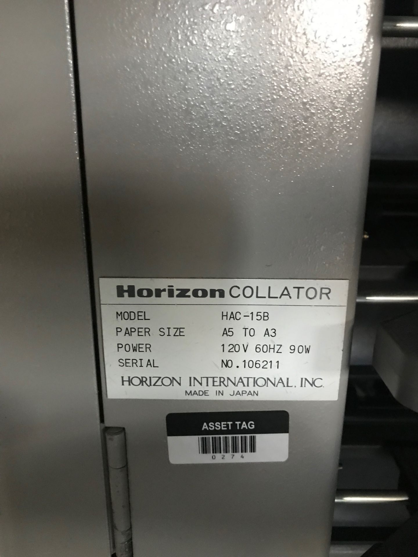 Horizon Vertical Collator, Model# HAC-15B, Serial# 106211, Paper Size A5 to A3, 120 V, 60 Hz, 90 - Image 5 of 7