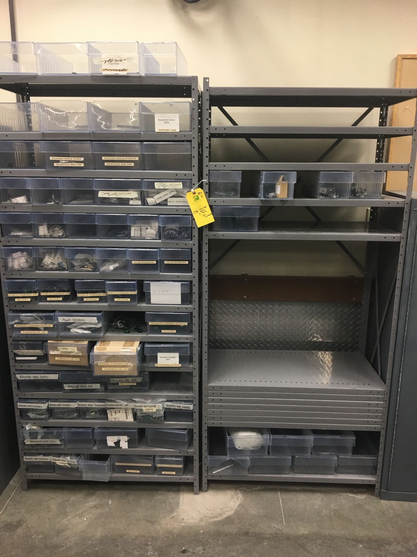 (2) Shelving Units with Plastic Bins, Removal Fee: $30