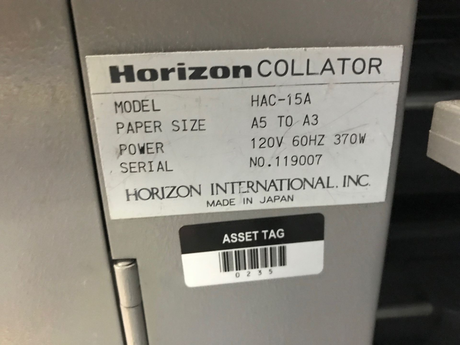 Horizon Vertical Collator, Model# HAC-15B, Serial# 119007, Paper Size A5 to A3, 120 V, 60 Hz, 90 - Image 3 of 7