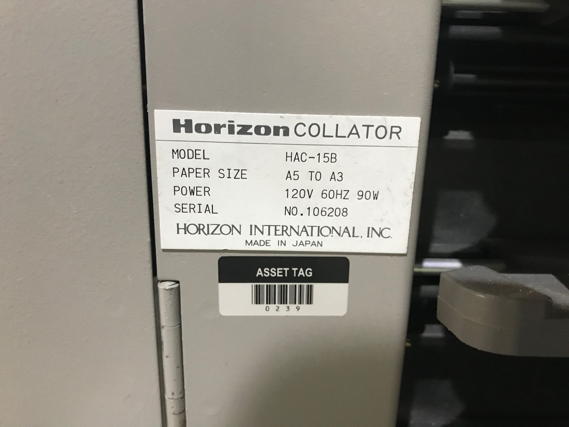 Horizon Vertical Collator, Model# HAC-15B, Serial# 106208, Paper Size A5 to A3, 120 V, 60 Hz, 90 - Image 5 of 7