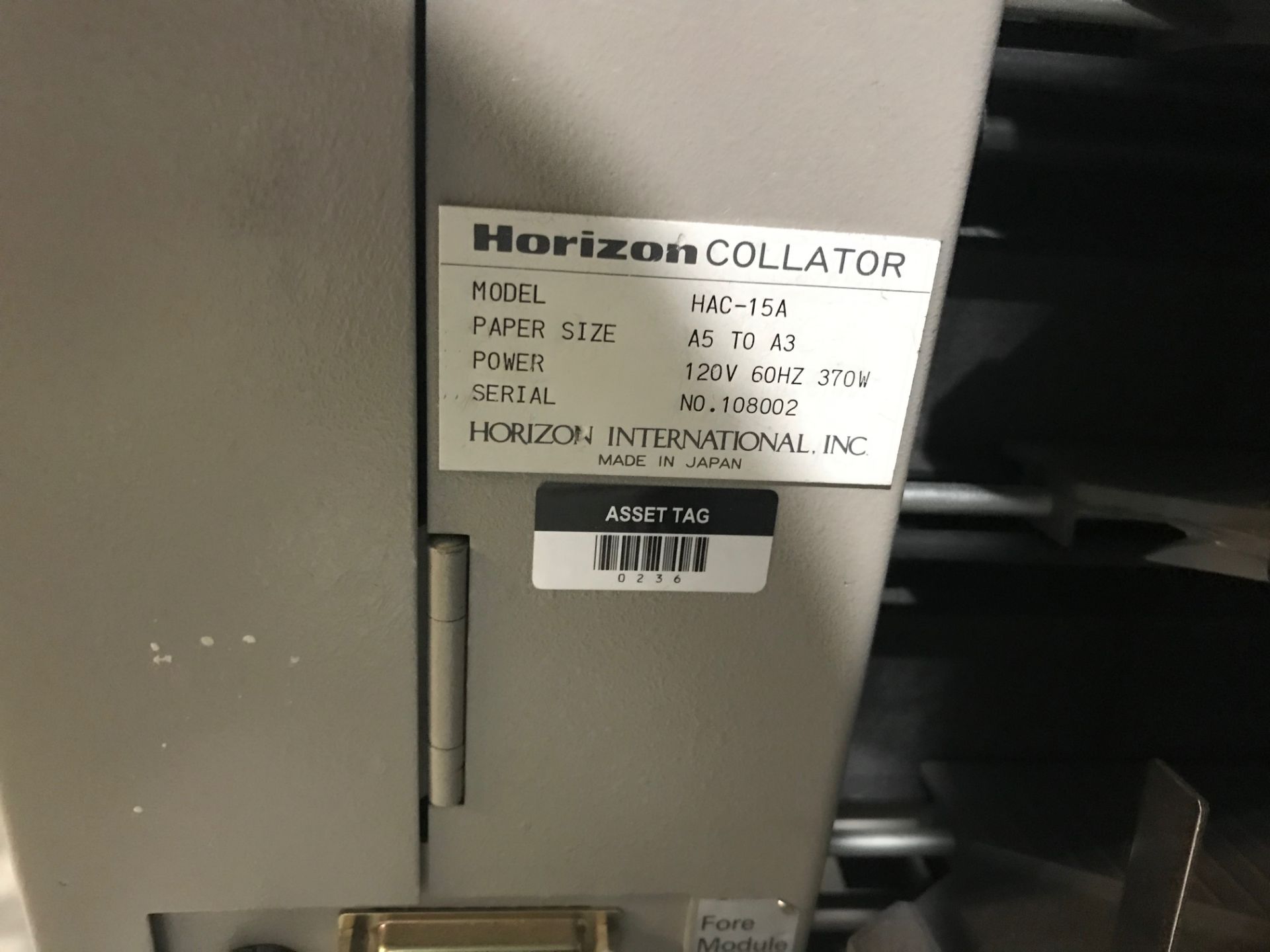 Horizon Vertical Collator, Model# HAC-15B, Serial# 106208, Paper Size A5 to A3, 120 V, 60 Hz, 90 - Image 6 of 7
