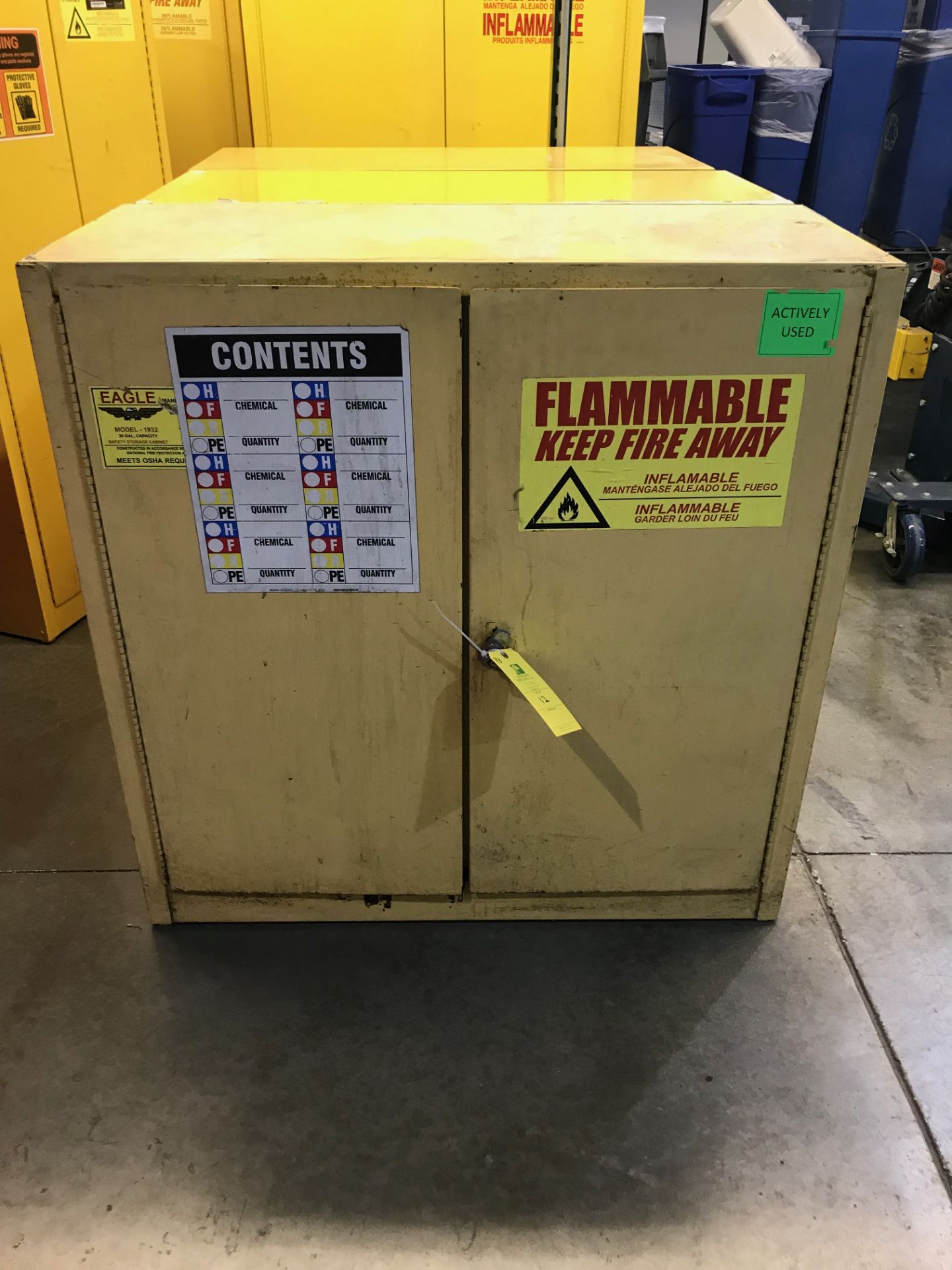 (3) Flammable Safety Cabinets: 45 in tall x 43 in wide x 18 in deep, Removal Fee: $40