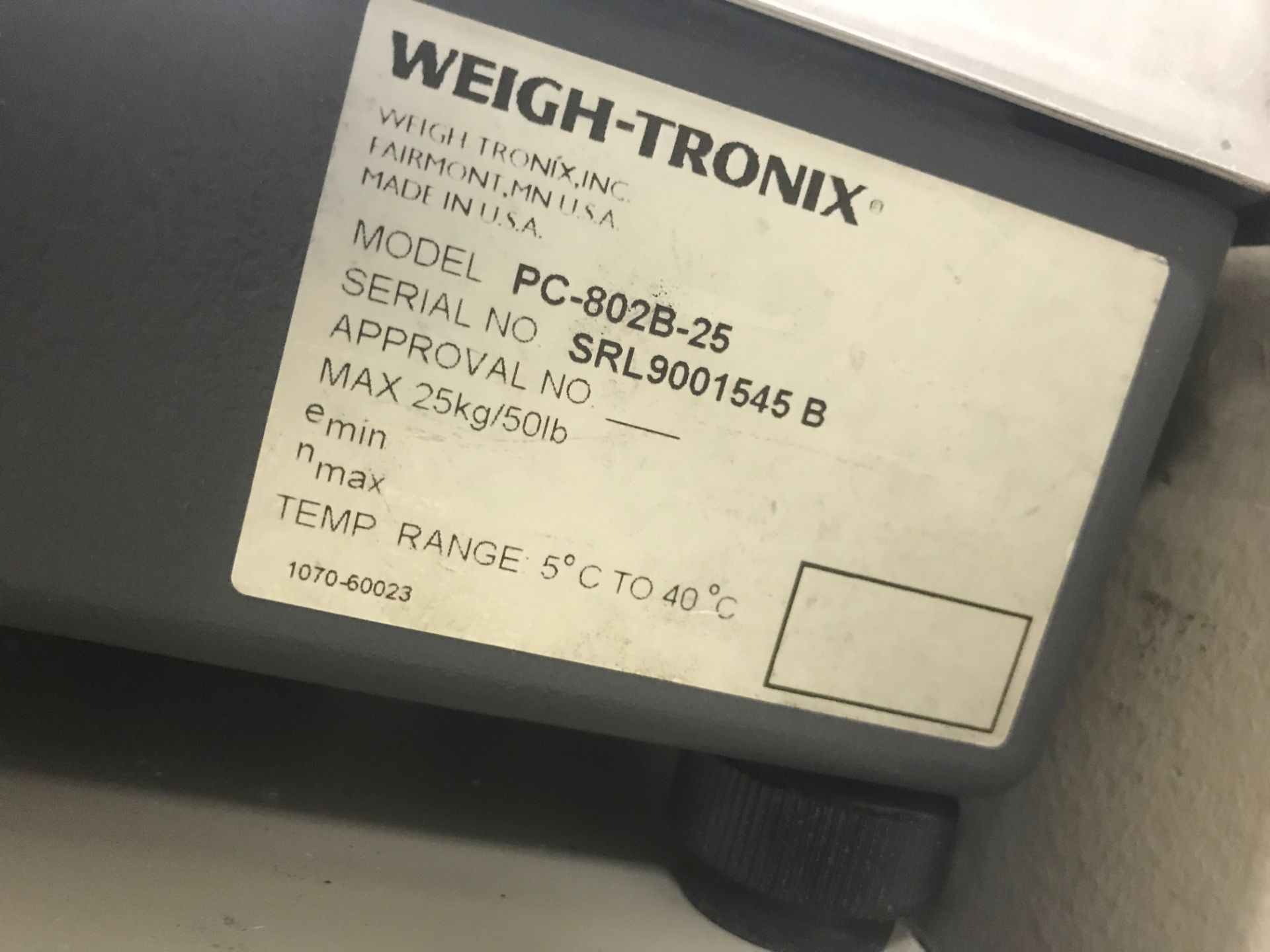 Weigh-Tronix Scale, Model# PC-802B-25, Serial# SRL9001545 B, Max Weight 50 lbs, 14 in long x 12 in - Image 2 of 3