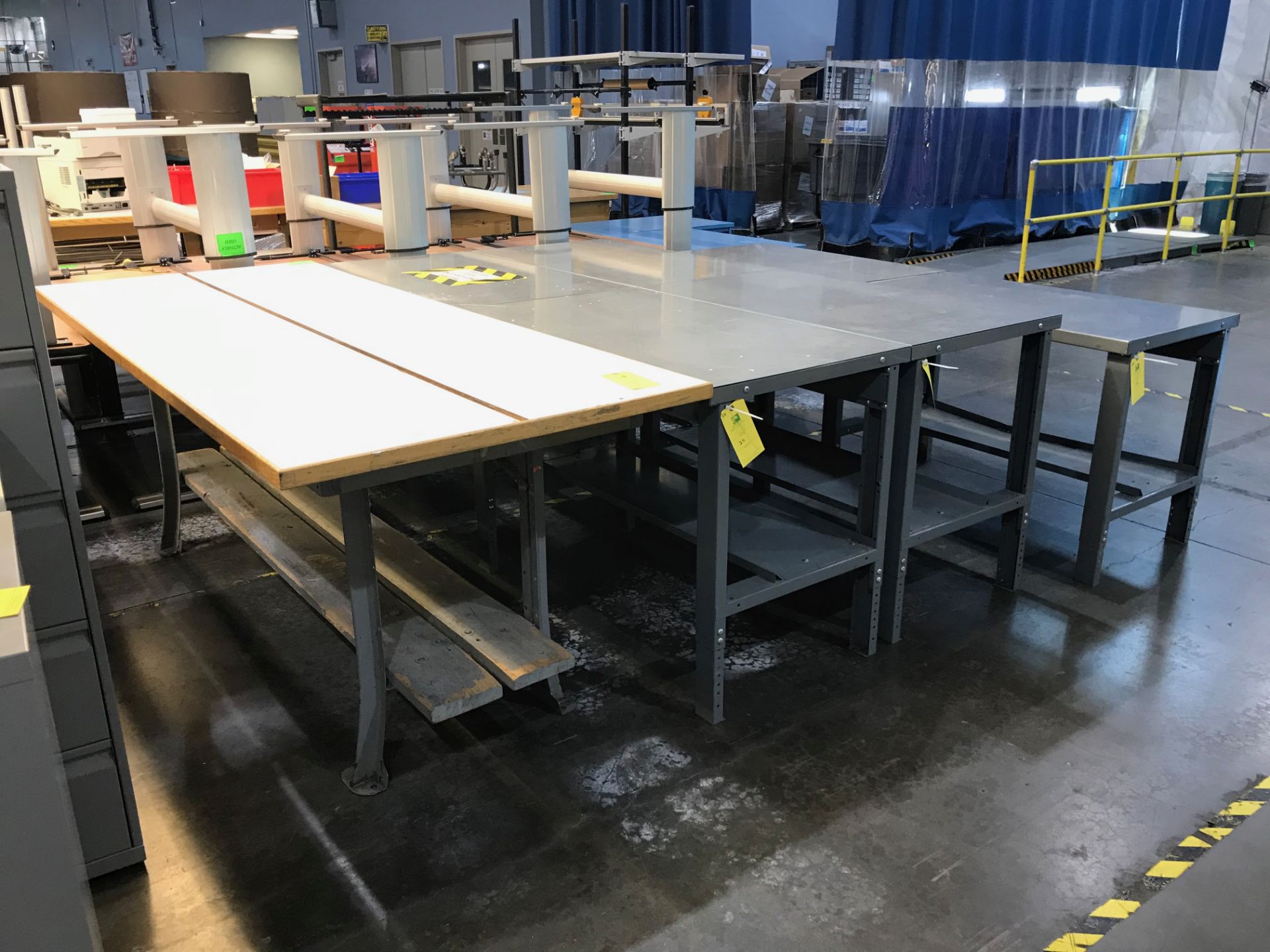 (4) Work Tables, (1) 39 in wide x 8 ft long x 3 ft tall; (2) 28 in wide x 8 ft long x 3 ft tall; (1)