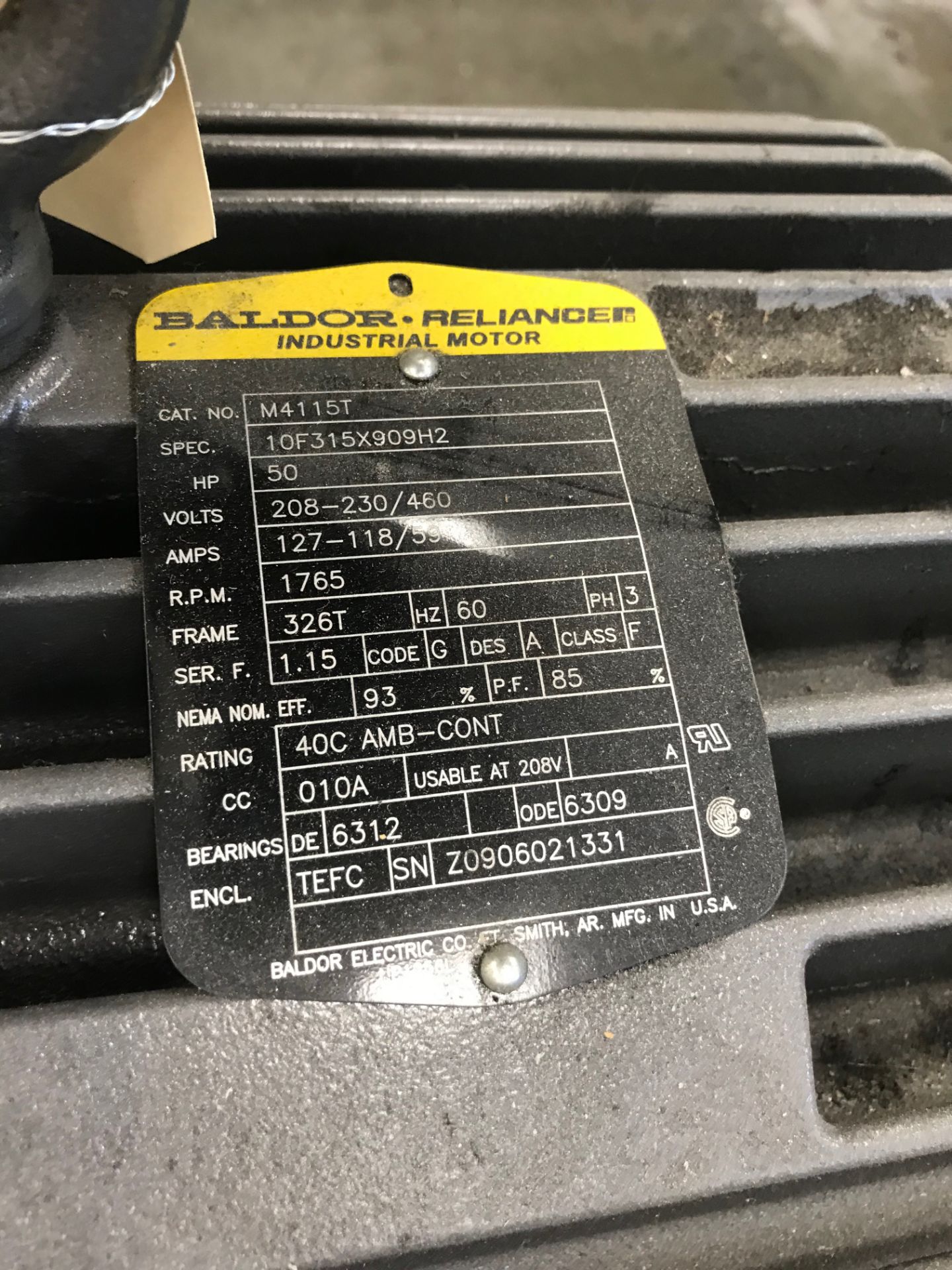 Baldor Reliance Electric Motor, 50 HP, Cat# M4115T, 208-220/460 V, 1765 RPM, 3 Phase, Removal Fee: - Image 2 of 3