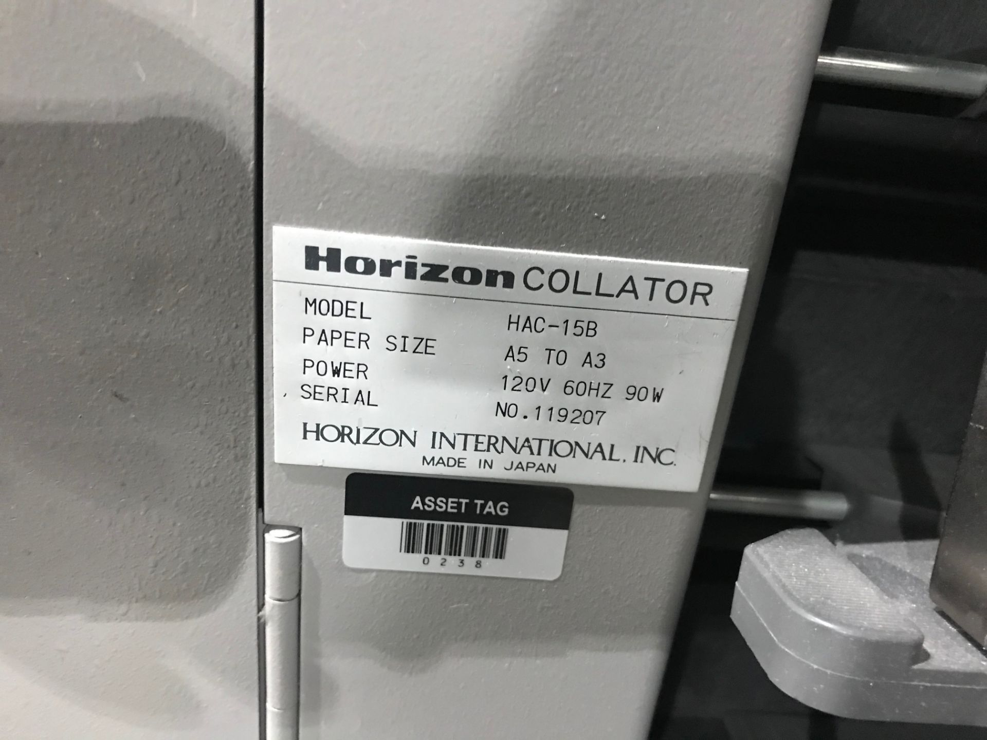 Horizon Vertical Collator, Model# HAC-15B, Serial# 119207, Paper Size A5 to A3, 120 V, 60 Hz, 90 - Image 4 of 8