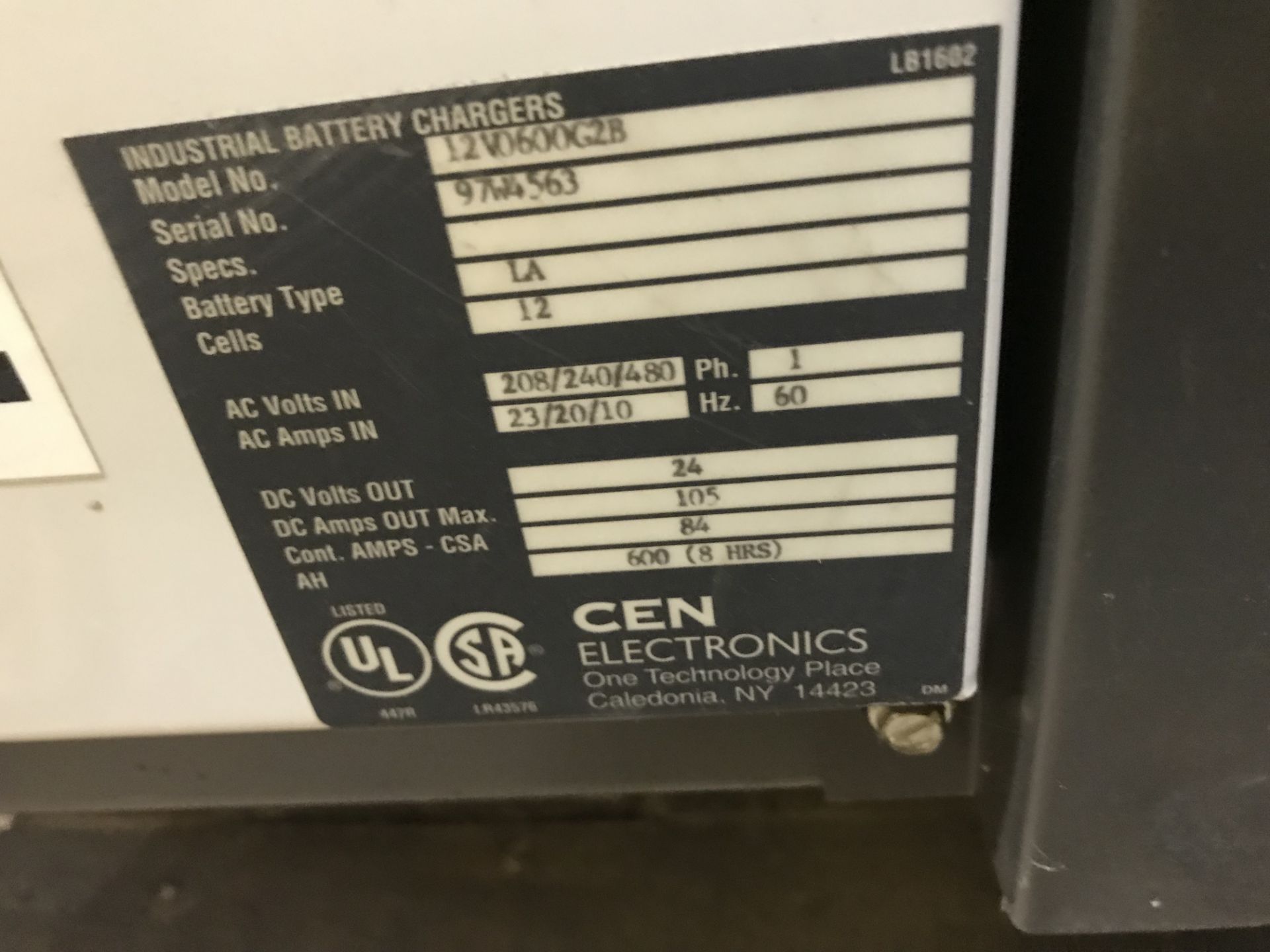 CEN Electronics Battery Charger, Model# 12V0600G2B, Serial# 97W4563, 24 Volts, Removal Fee: $40 - Image 2 of 3