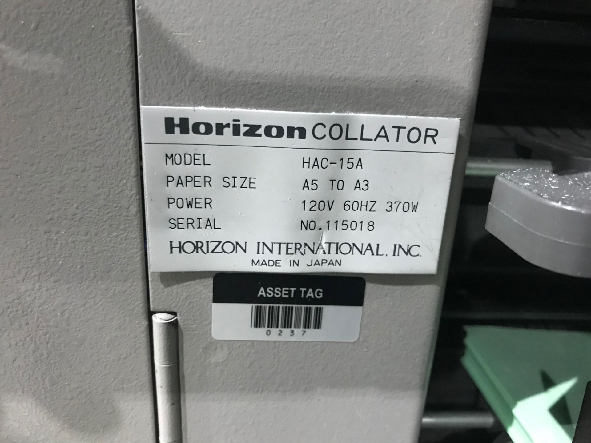 Horizon Vertical Collator, Model# HAC-15B, Serial# 119207, Paper Size A5 to A3, 120 V, 60 Hz, 90 - Image 5 of 8