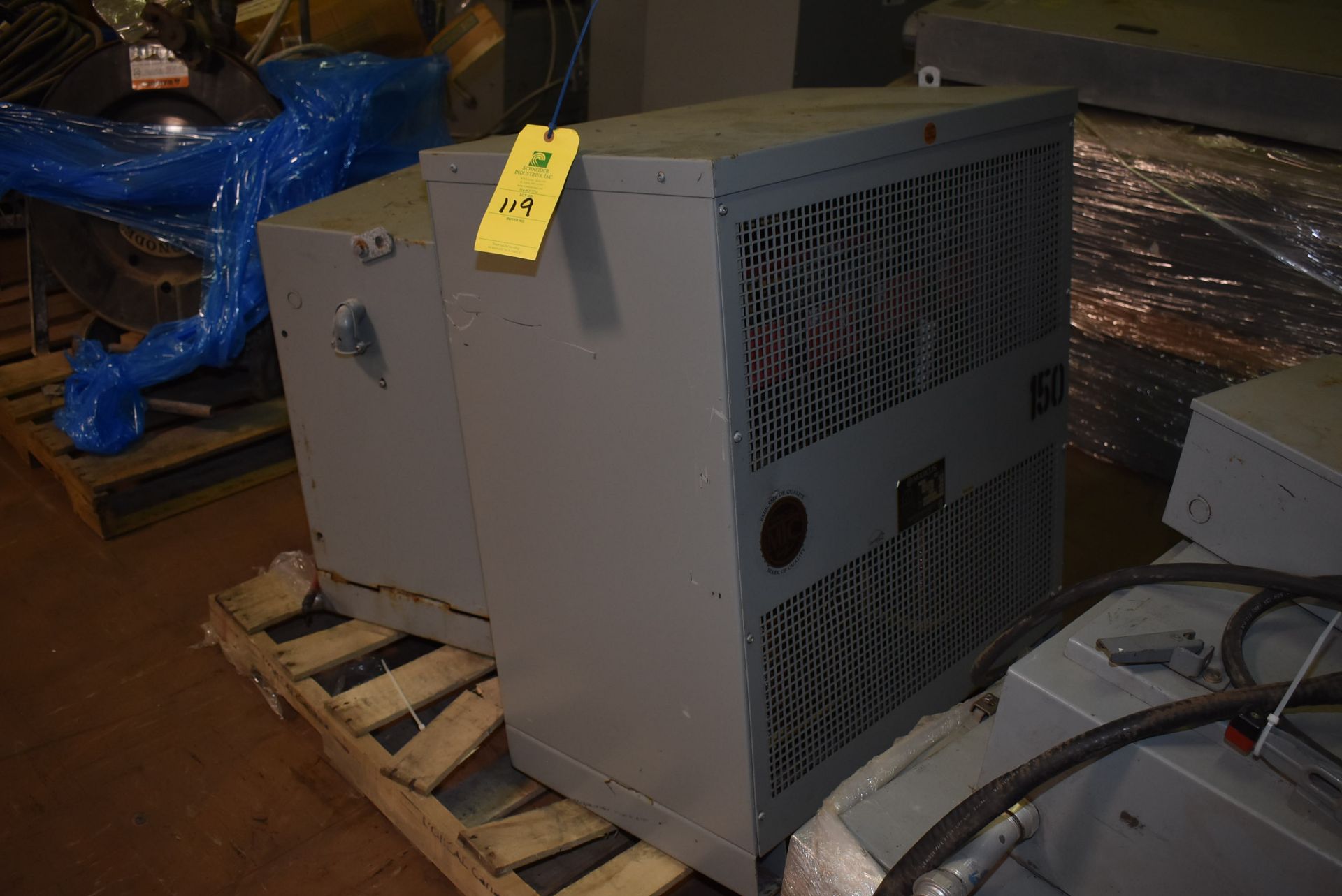 (1) Marcus 150 KVA Transformer, (1) 75 KVA Transformer, RIGGING FEE - $50