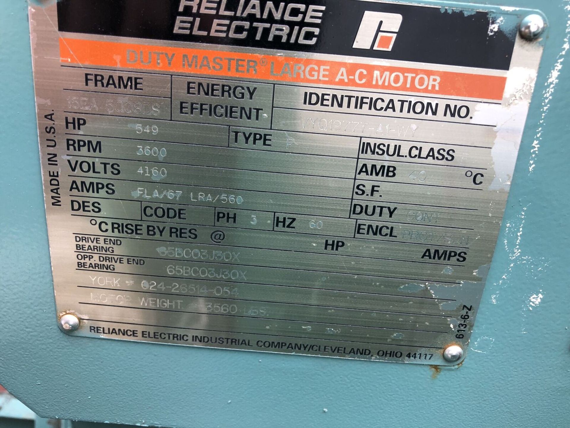 Reliance Electric Large AC-Motor, ID #VYQ19777-A1-WY, Frame #15EA-5008DS, S/N #024-26514-054 - Image 3 of 4