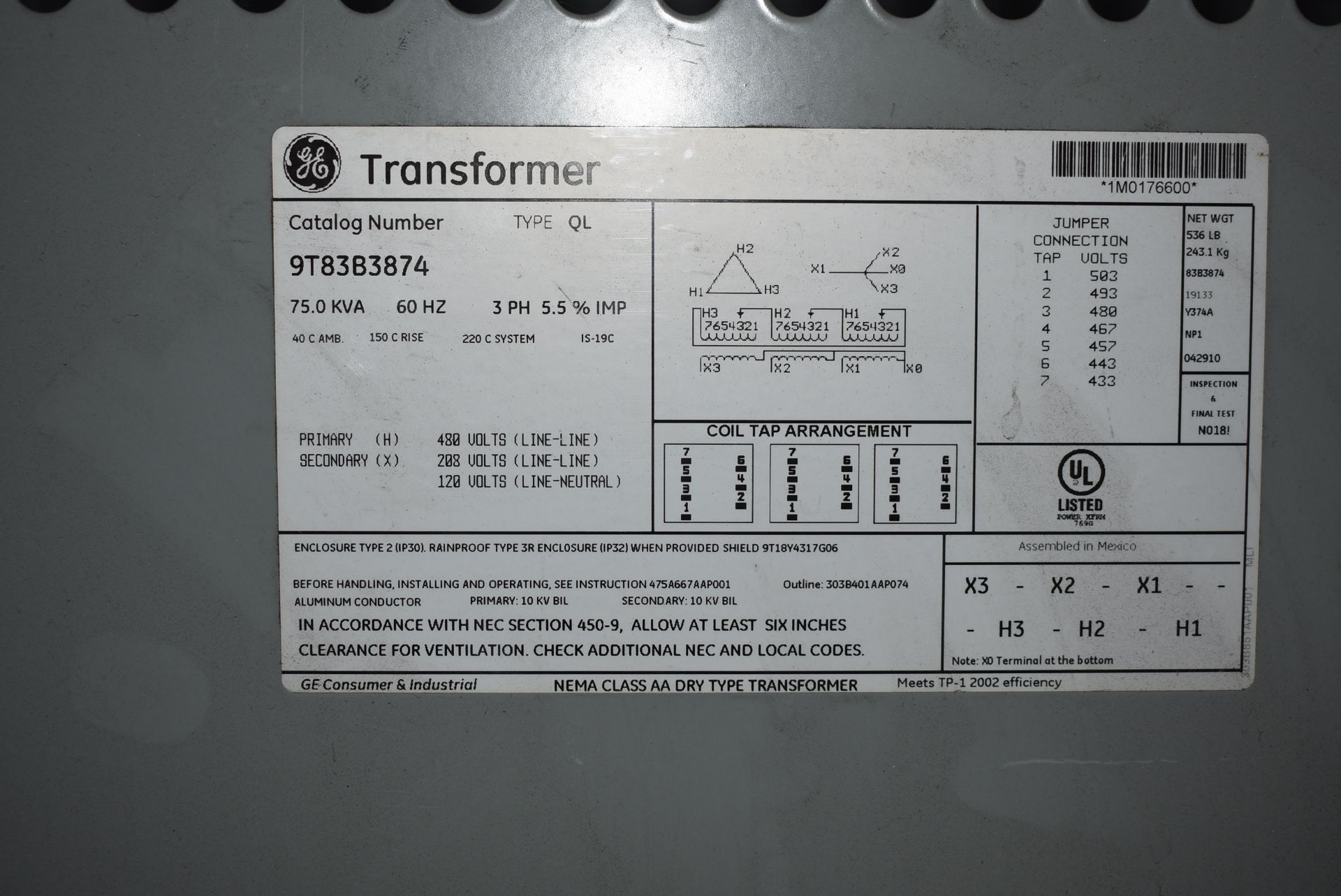 General Electric Catalog #9T83B3874 Transformer, Rated 75 KVA - Image 2 of 2