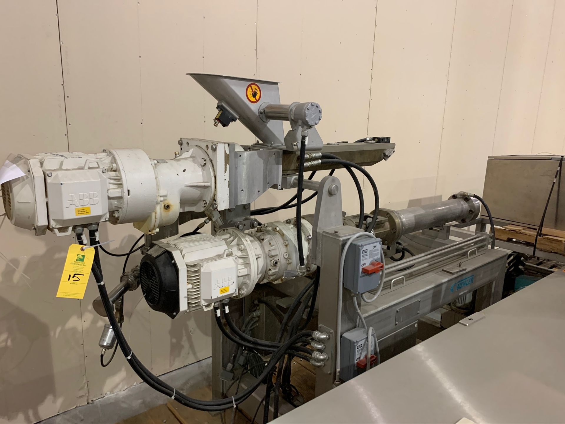 Buhler Twin Screw Extruder Model M-MN-400 S/N 10321928 with Control Panels and Auger Cart, with (Rig