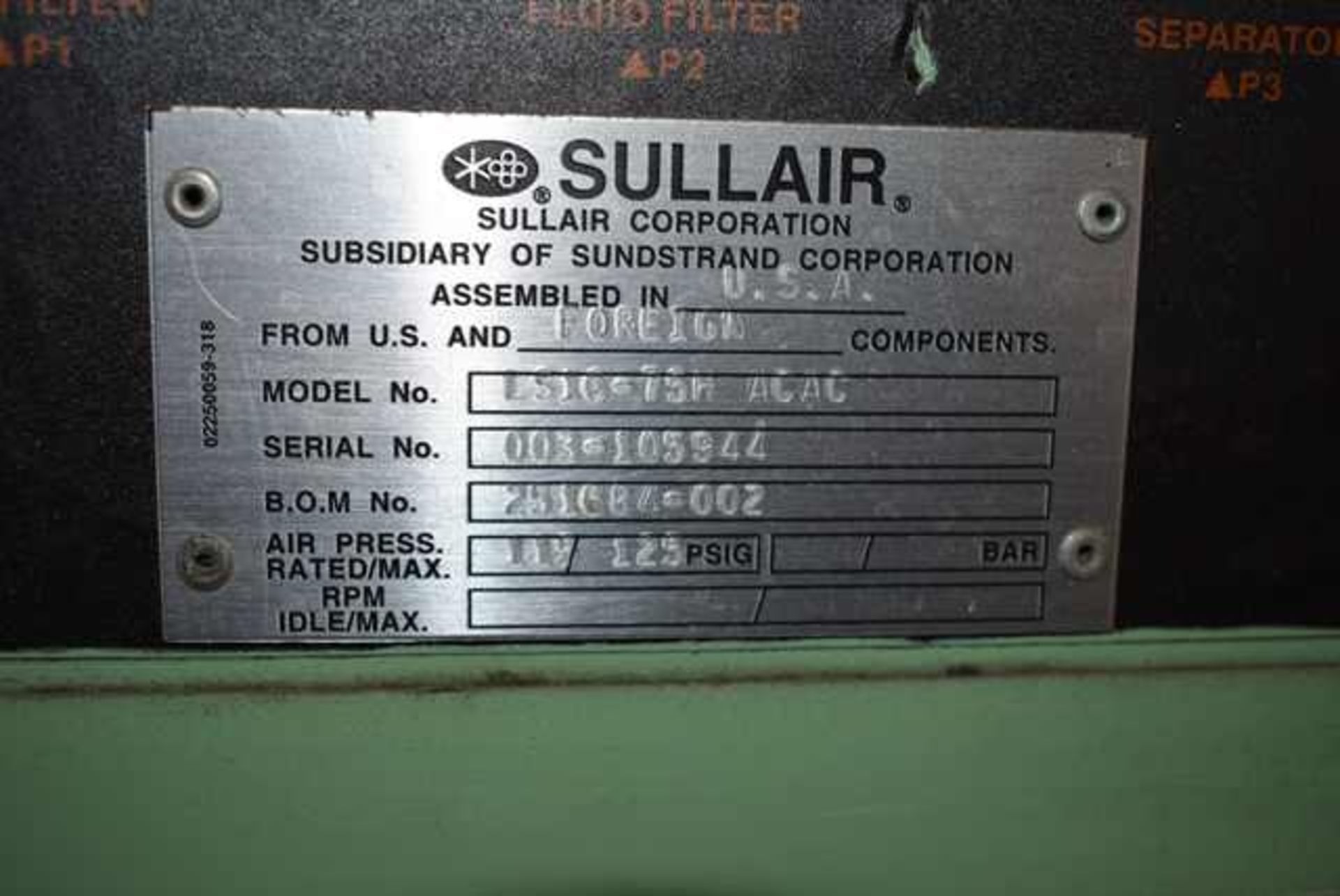 Sullair Model #LS-16 Rotary Screw Air Compressor, 75 HP Motor, 81329 Hrs. Indicated - Image 3 of 3