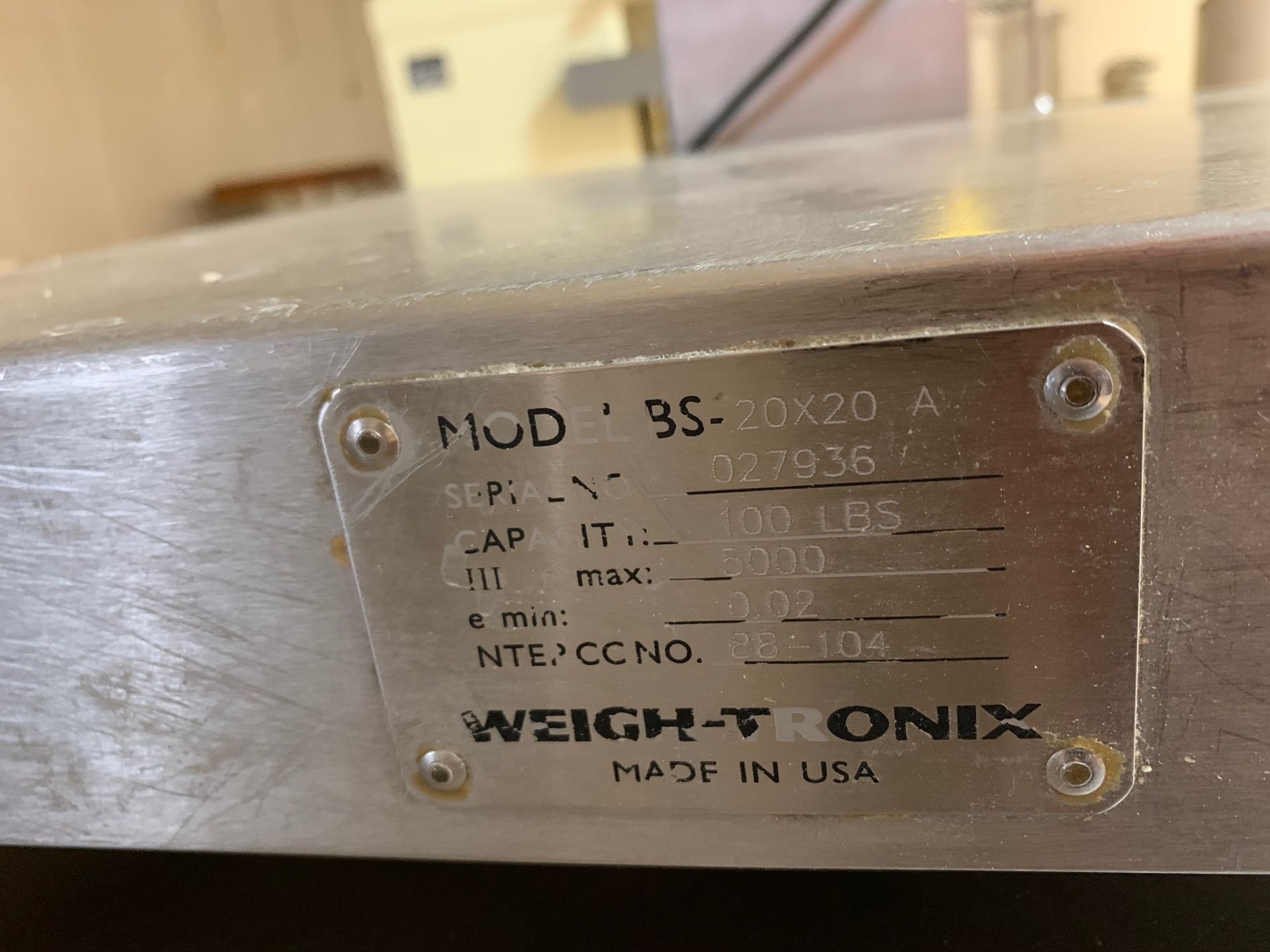weigh Tronix Scale Model BS20X20 A S/N 027936, RIGGING FEE: $20 - Image 2 of 2