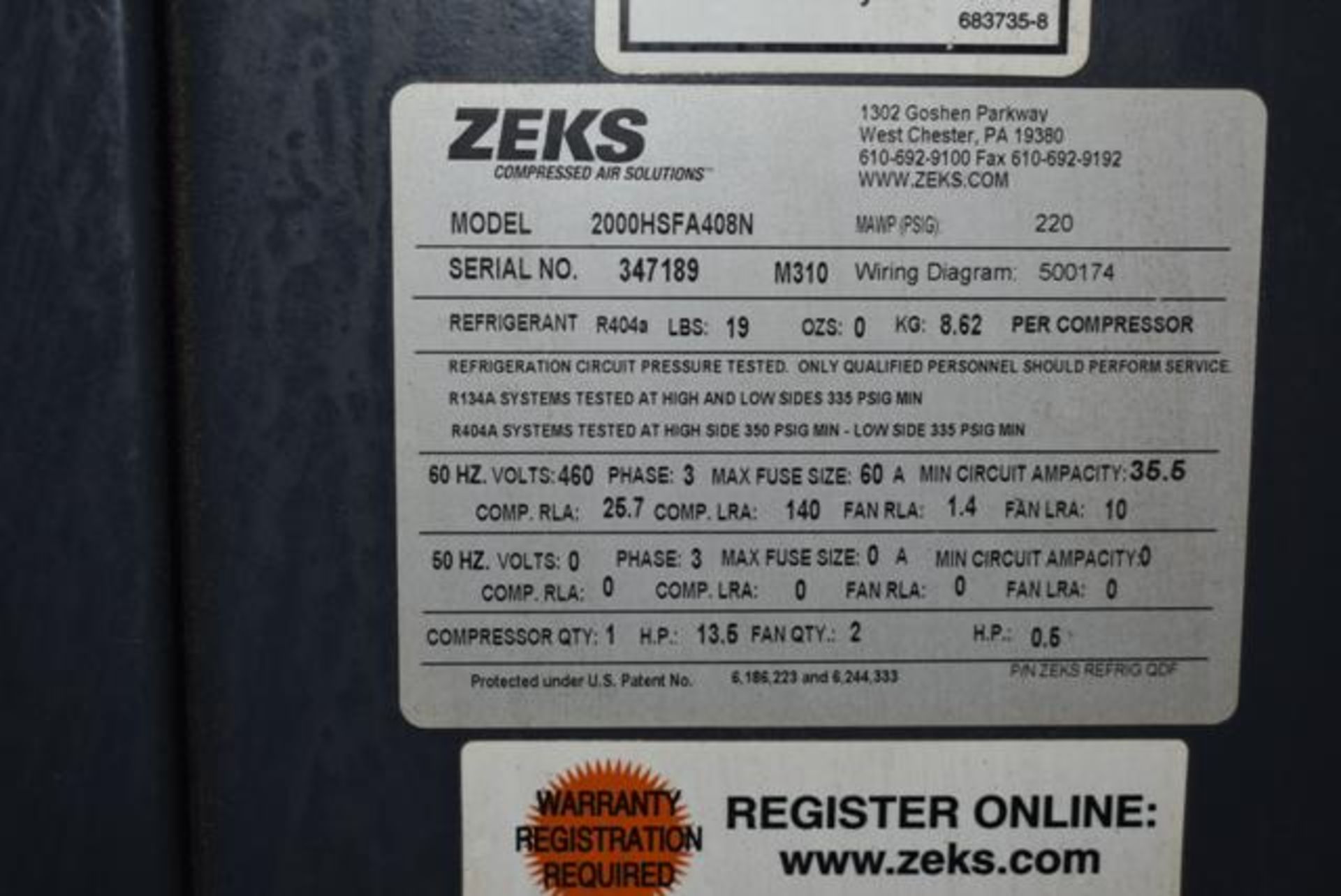 ZEKS Heat Sink Model #2000HSFA408N Refrigerated Air Dryer, SN 347189 - Image 2 of 3