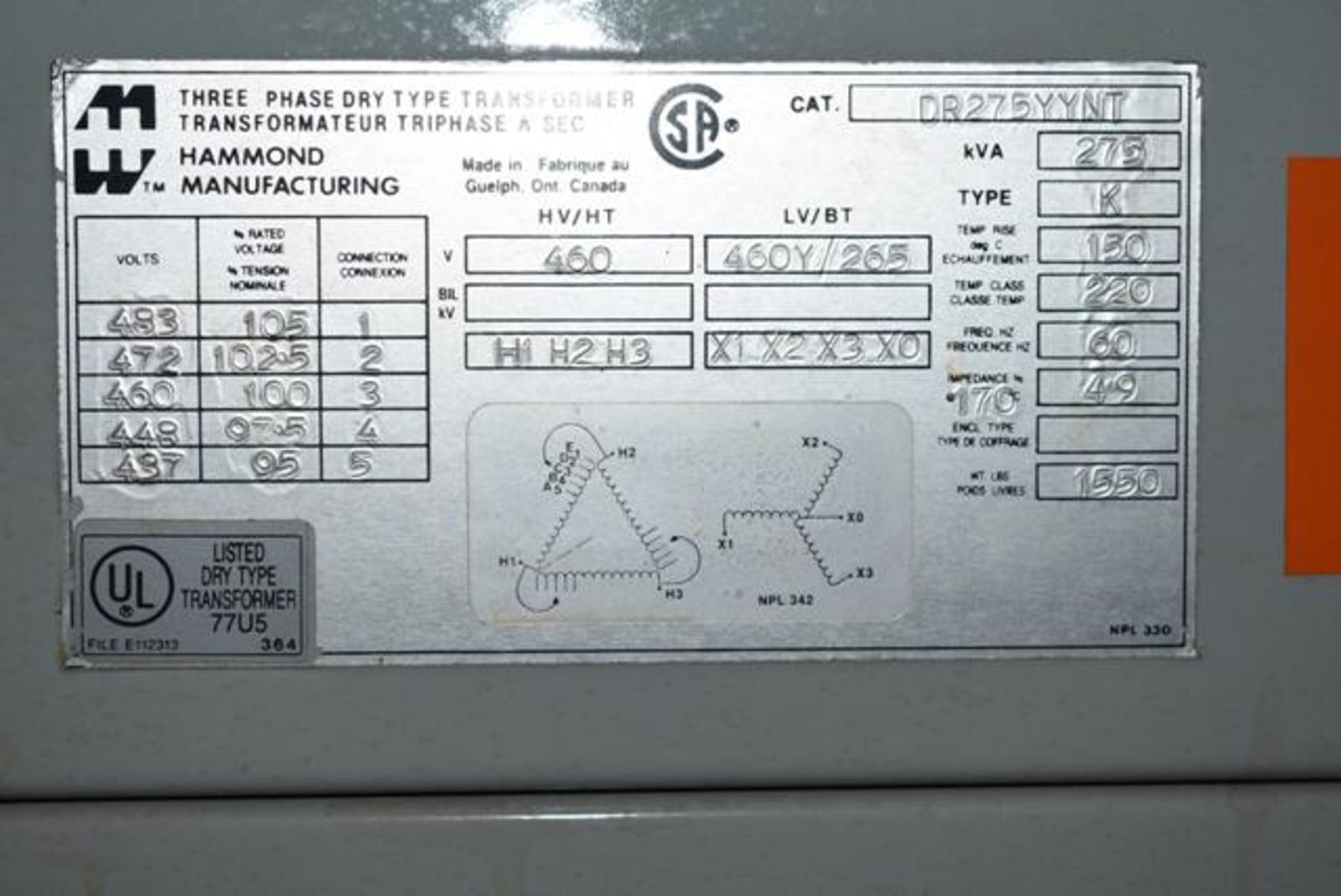 Hammond Transformer, Rated 275 KVA, Late Pickup: 12/20 - Image 2 of 2