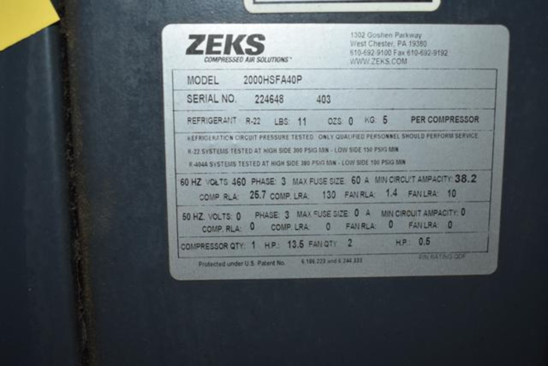 ZEKS Heat Sink Model #2000HSFA40P Refrigerated Air Dryer, SN 224648 - Image 3 of 3