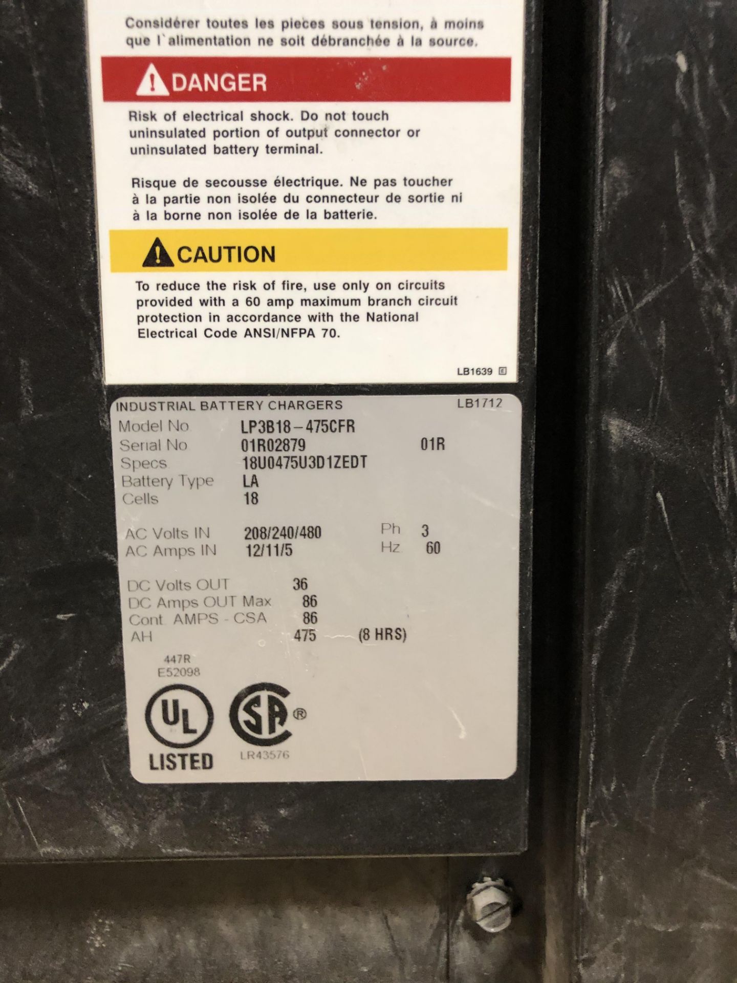 Douglas Battery Charger, Model# LP3B18-475CFR, Serial# 01R0289, 36V - Image 2 of 3
