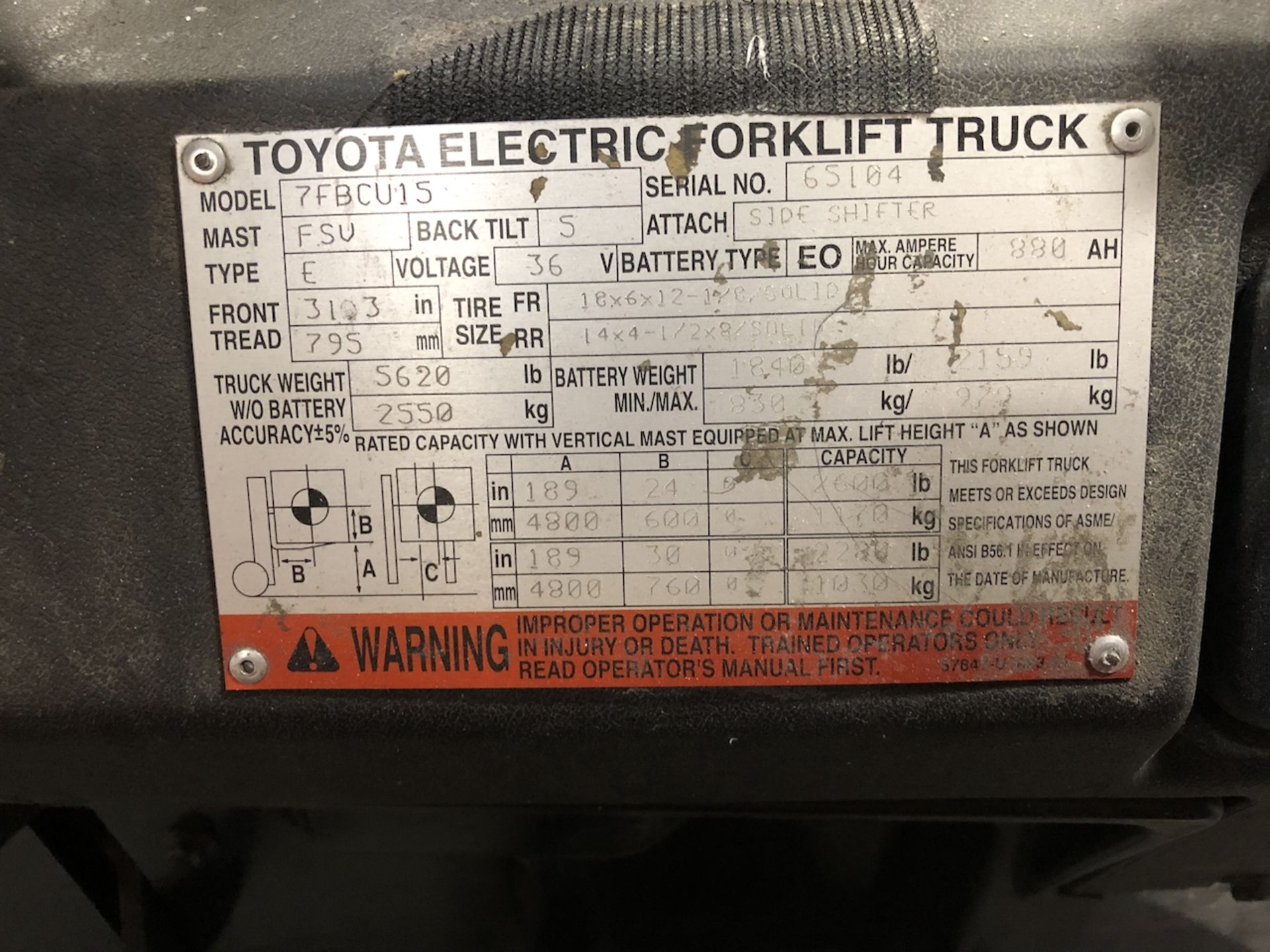 Toyota Forklift, Model# 7FBCU15, Serial# 65104, 36V - Image 3 of 4