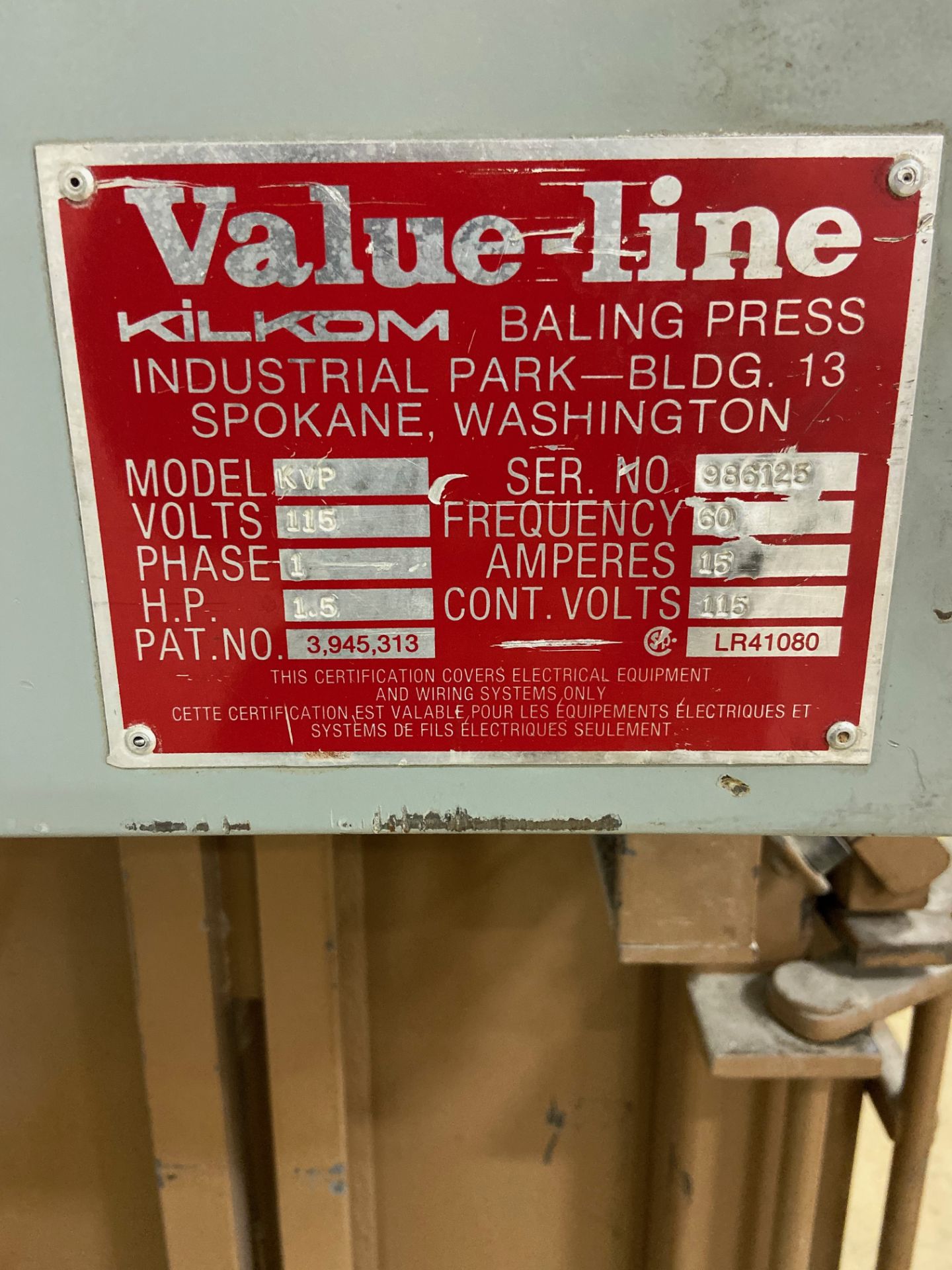 Kilkom Baler, Model# KVP, Serial# 986125, 115V, Single Phase, 1.5 HP - Image 2 of 4