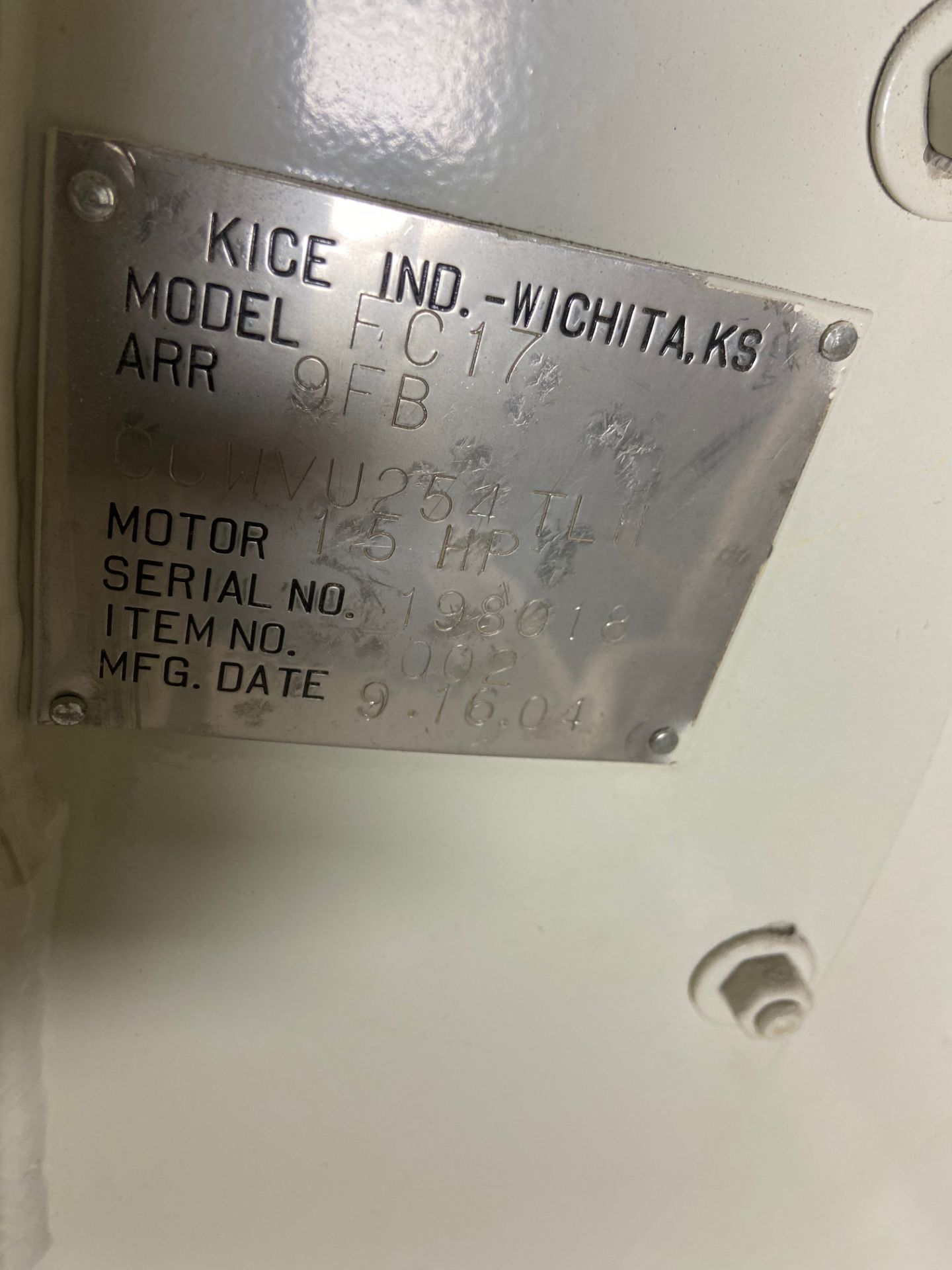 Kice Bag House Filter w/ Centrifugal Fan Unit: Kice Centrifugal Fan Model# FC17 9FB, Serial# 198018; - Image 10 of 11