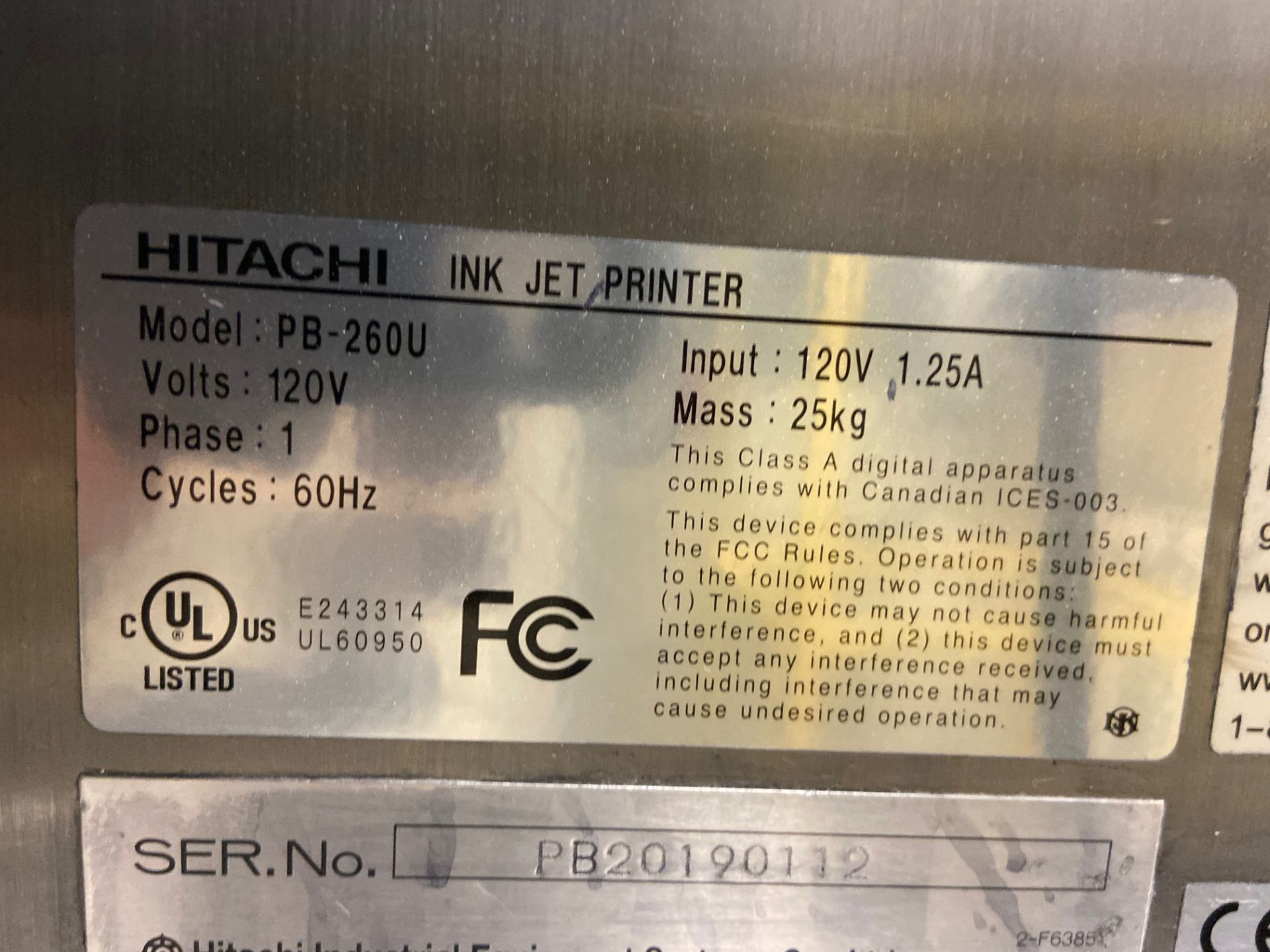 Hitachi Ink Jet Printer, Model# PB-260U, Serial# PB20190112 - Image 3 of 5