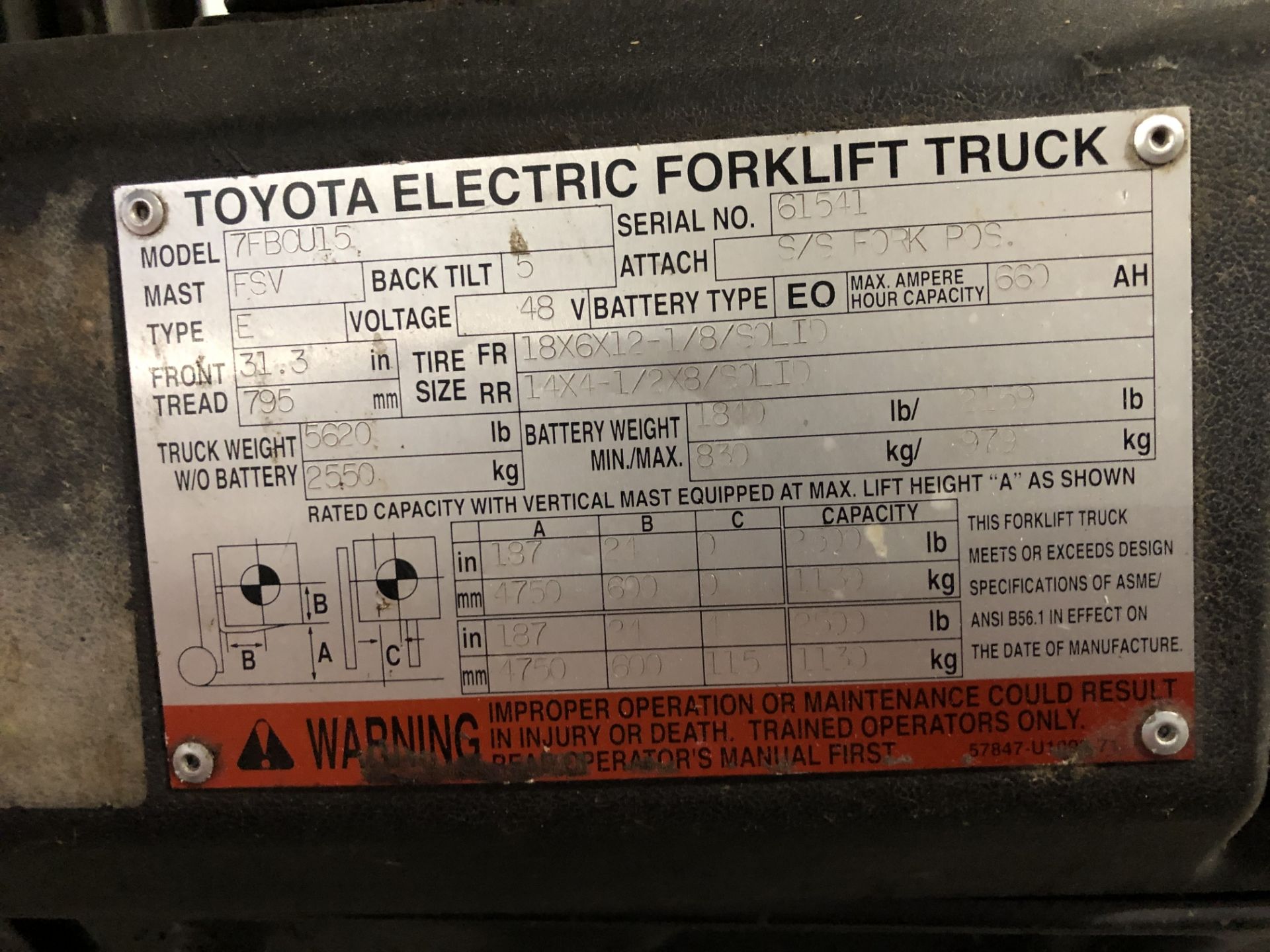 Toyota Forklift, Model# 7FBCU15, Serial# 61541, 36V - Image 3 of 4