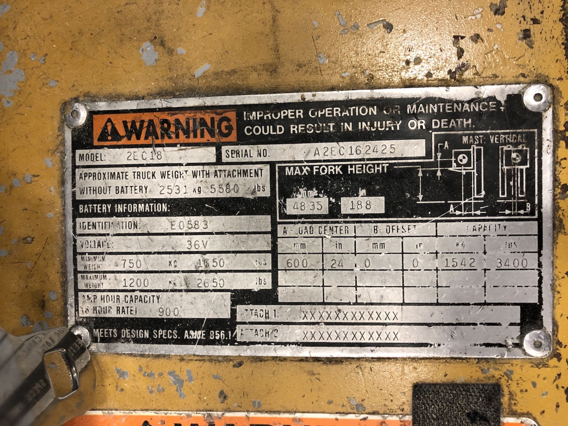 Caterpillar Forklift, Model# 2EC18, Serial# A2EC162425, 36V - Image 4 of 5