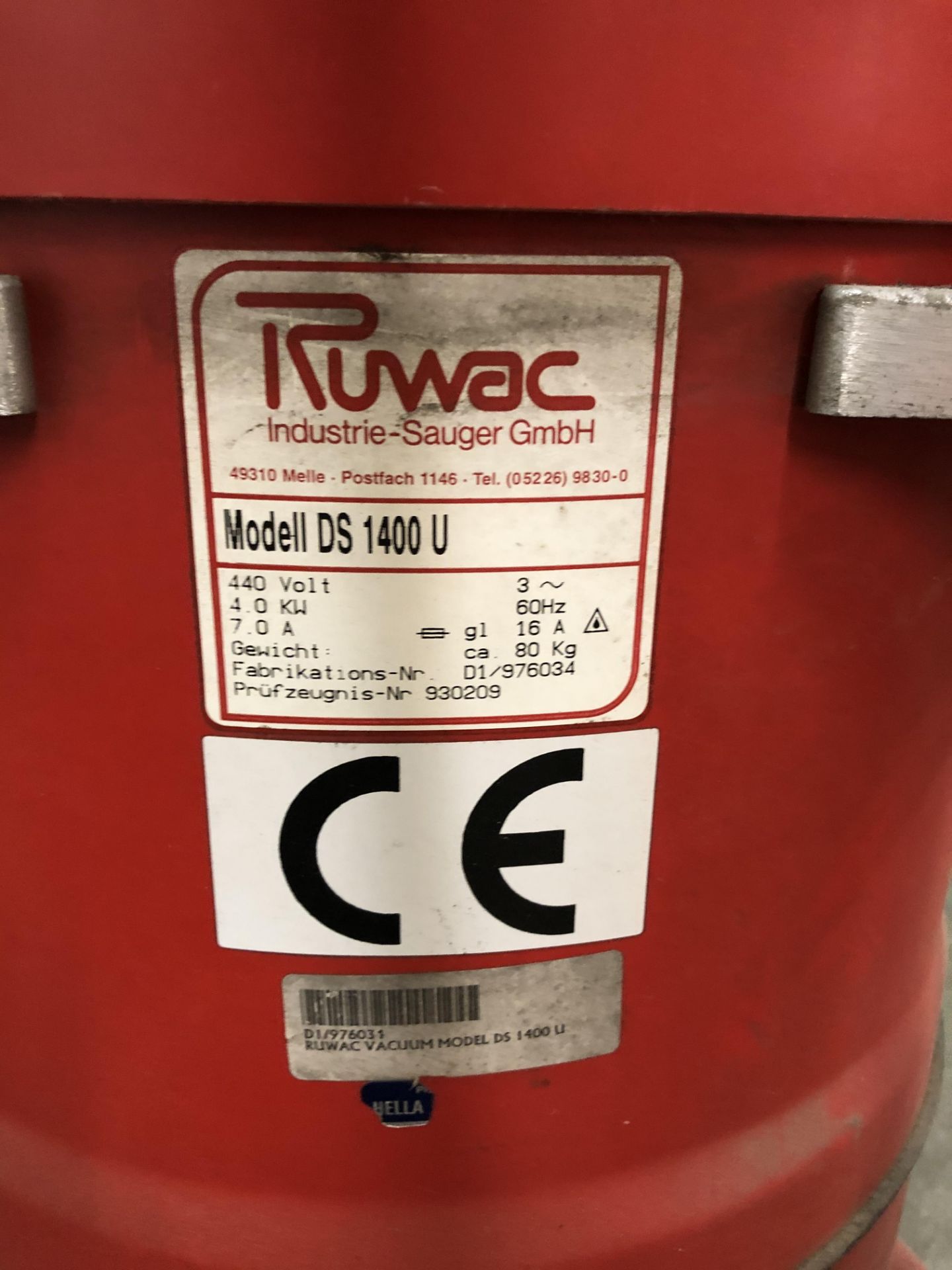 Ruwac Vacuum, Model# DS 1400 U, 440V, 4KW, 60 Hz, 3 Phase - Image 3 of 5