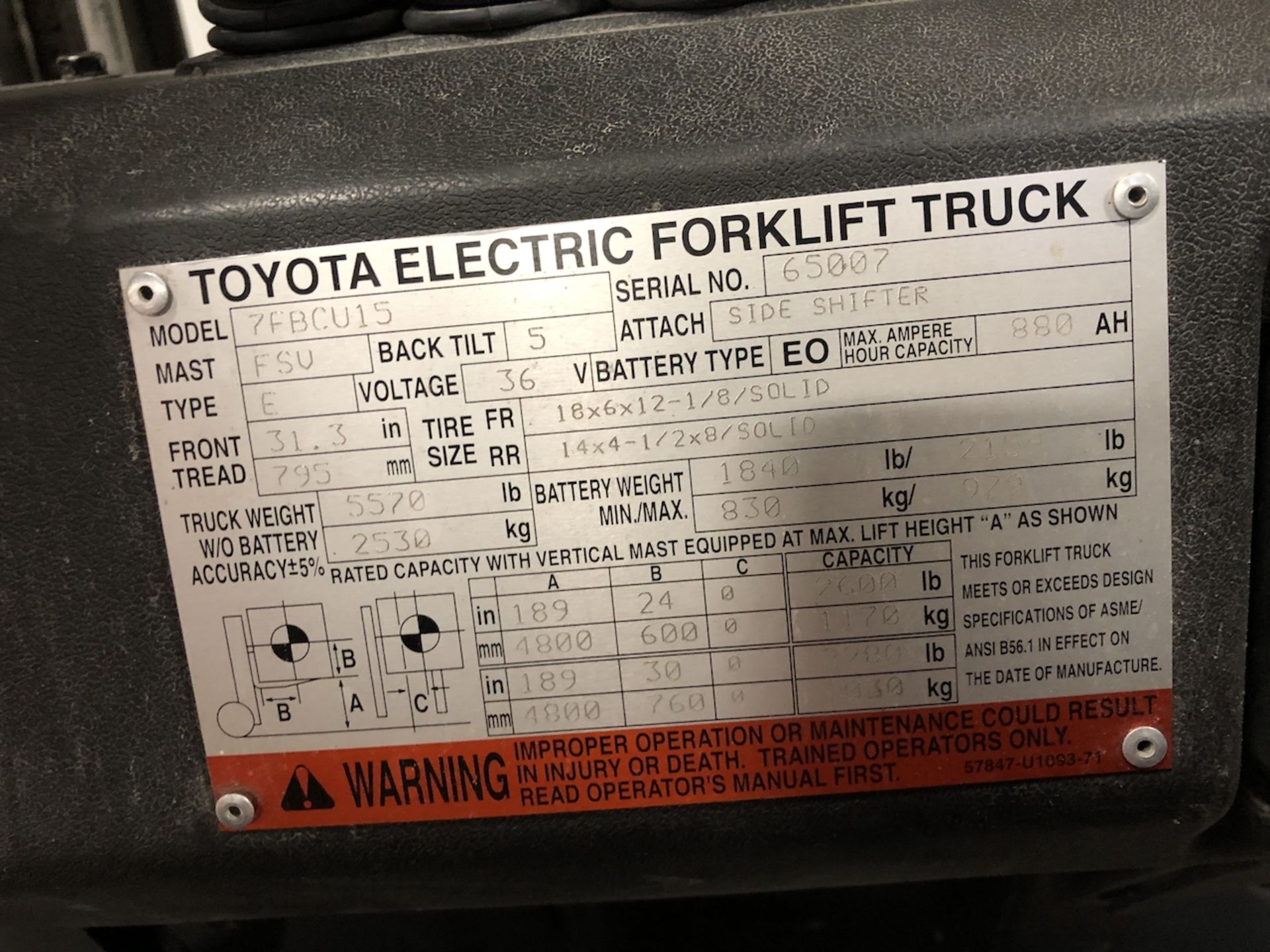 Toyota Forklift, Model# 7FBCU15, Serial# 65007, 36V - Image 4 of 5