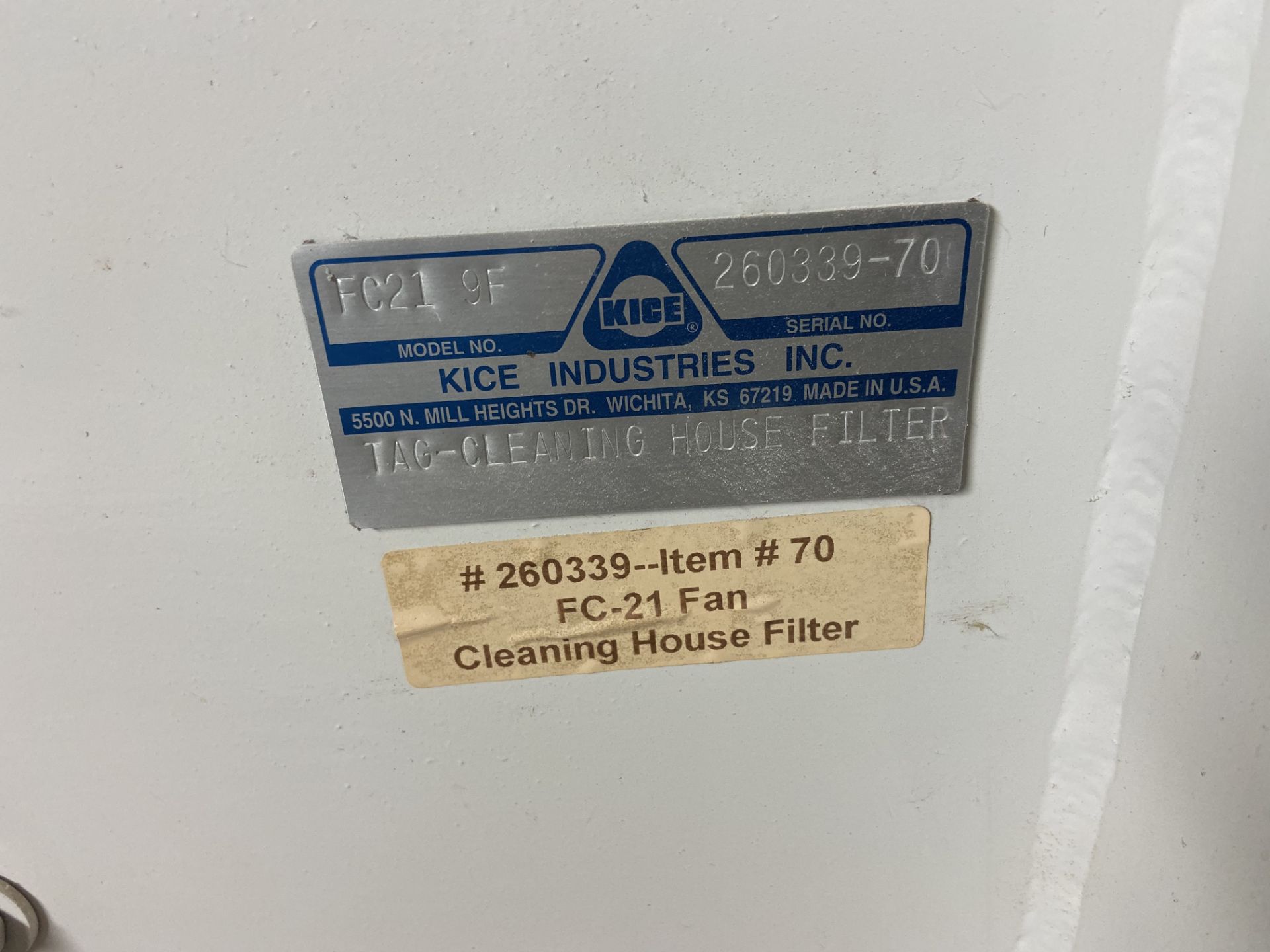 Kice Bag House Filter w/ Centrifugal Fan Unit: Bag House Model# R96-10, Serial# 260339-68; Kice - Image 10 of 12