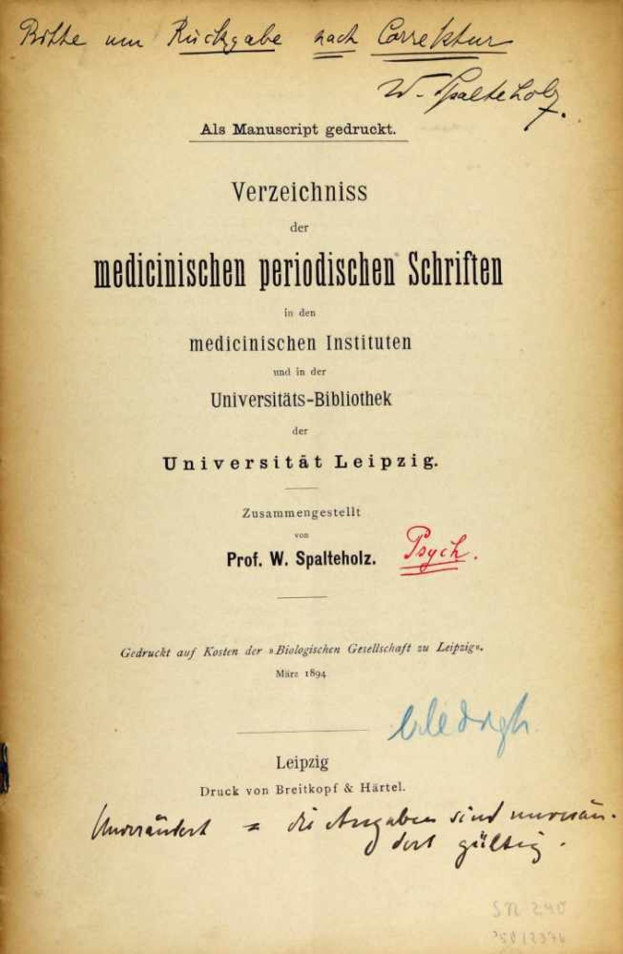 Leipzig. -Spalteholz, Werner:Verzeichniss der medicinischen periodischen Schriften in den