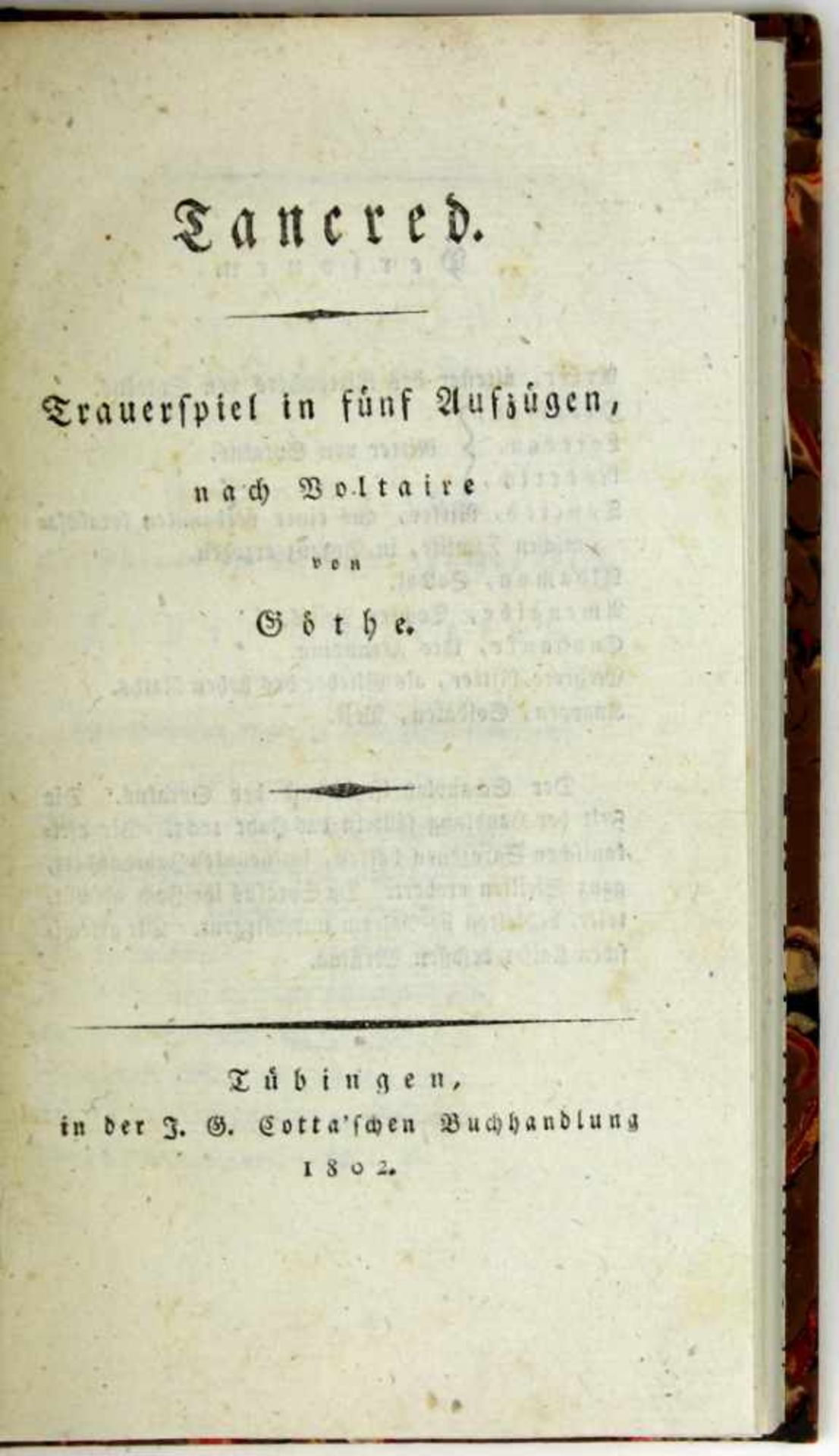 Goethe, Johann Wolfgang von:Tancred. Trauerspiel in fünf Aufzügen nach Voltaire. Tübingen, J. G.