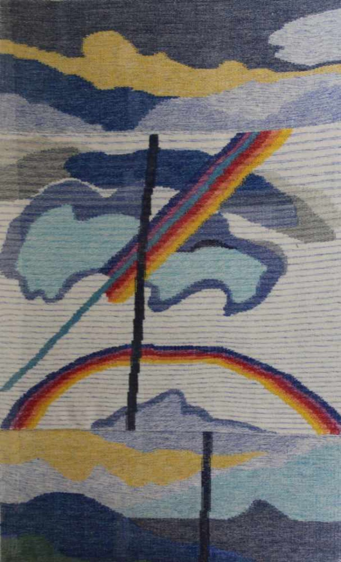 Frank, Siegrid. (1936-2003):Geteilter Himmel. Textilkunst. Farbige Handwebarbeit. 90 x 56 cm. Hinter