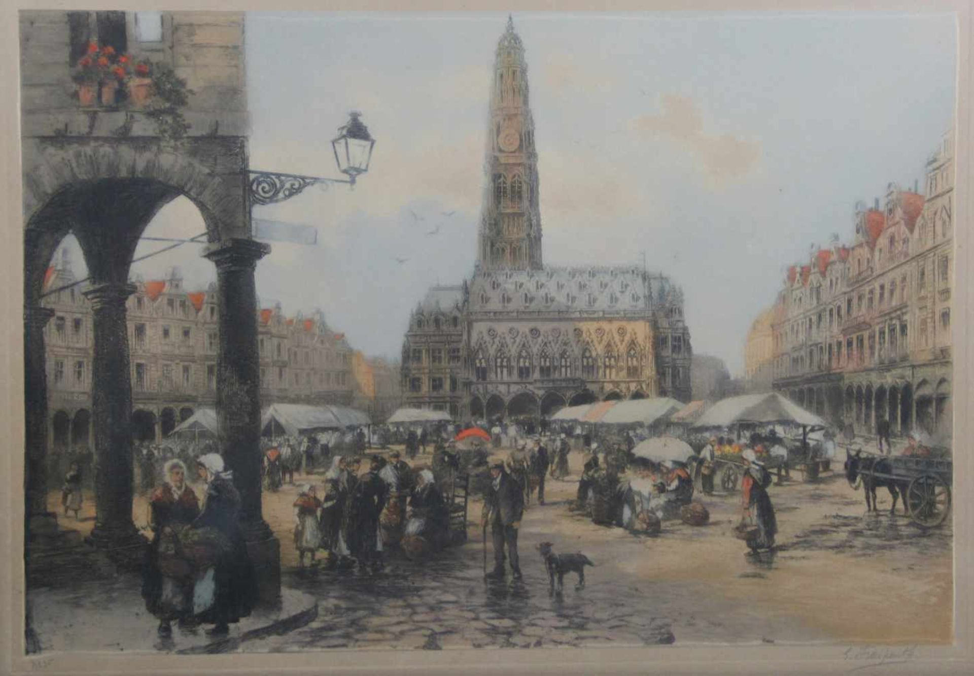 Fraipont, Gustave. (1849-1923):Ansicht von Marktplatz und Rathaus der französischen Stadt Arras.