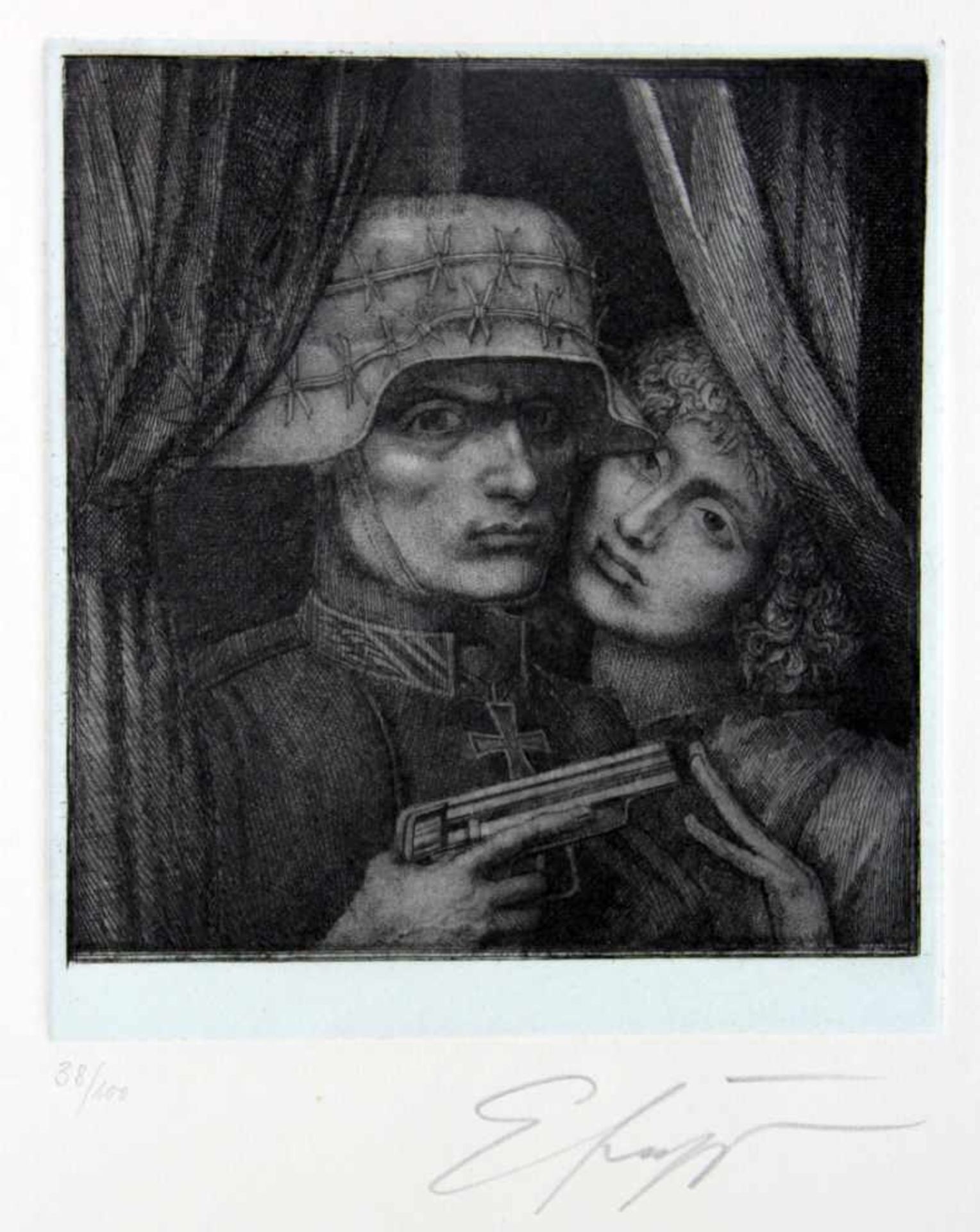 Fuchs, Ernst. (1930-2015):Soldat und Mädchen. Doppelporträt, Brustbild. Radierung auf gewalztem,