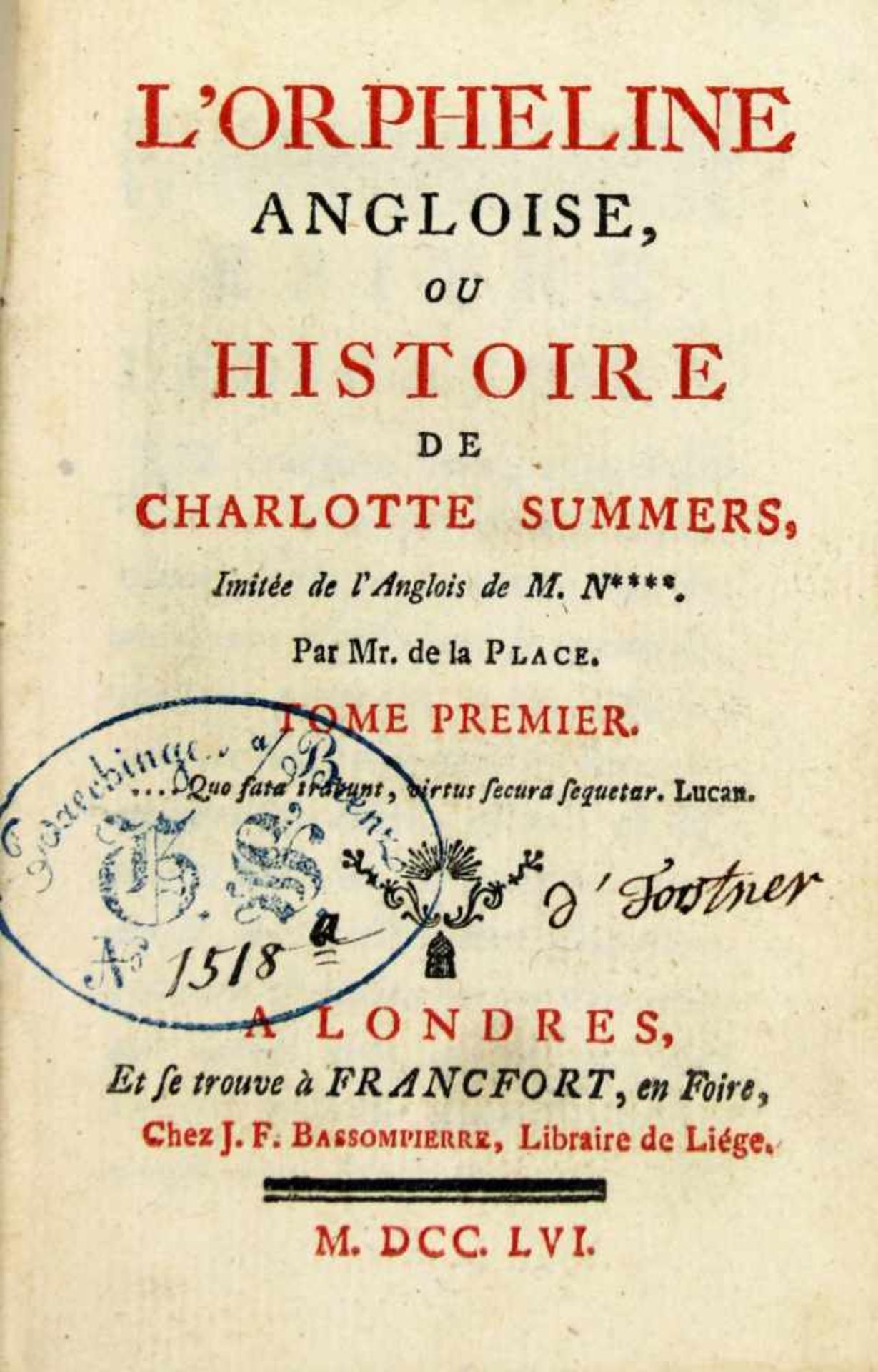 (Fielding, Sarah):L'Orpheline angloise, ou Histoire de Charlotte Summers. Imitée de l'Anglois de