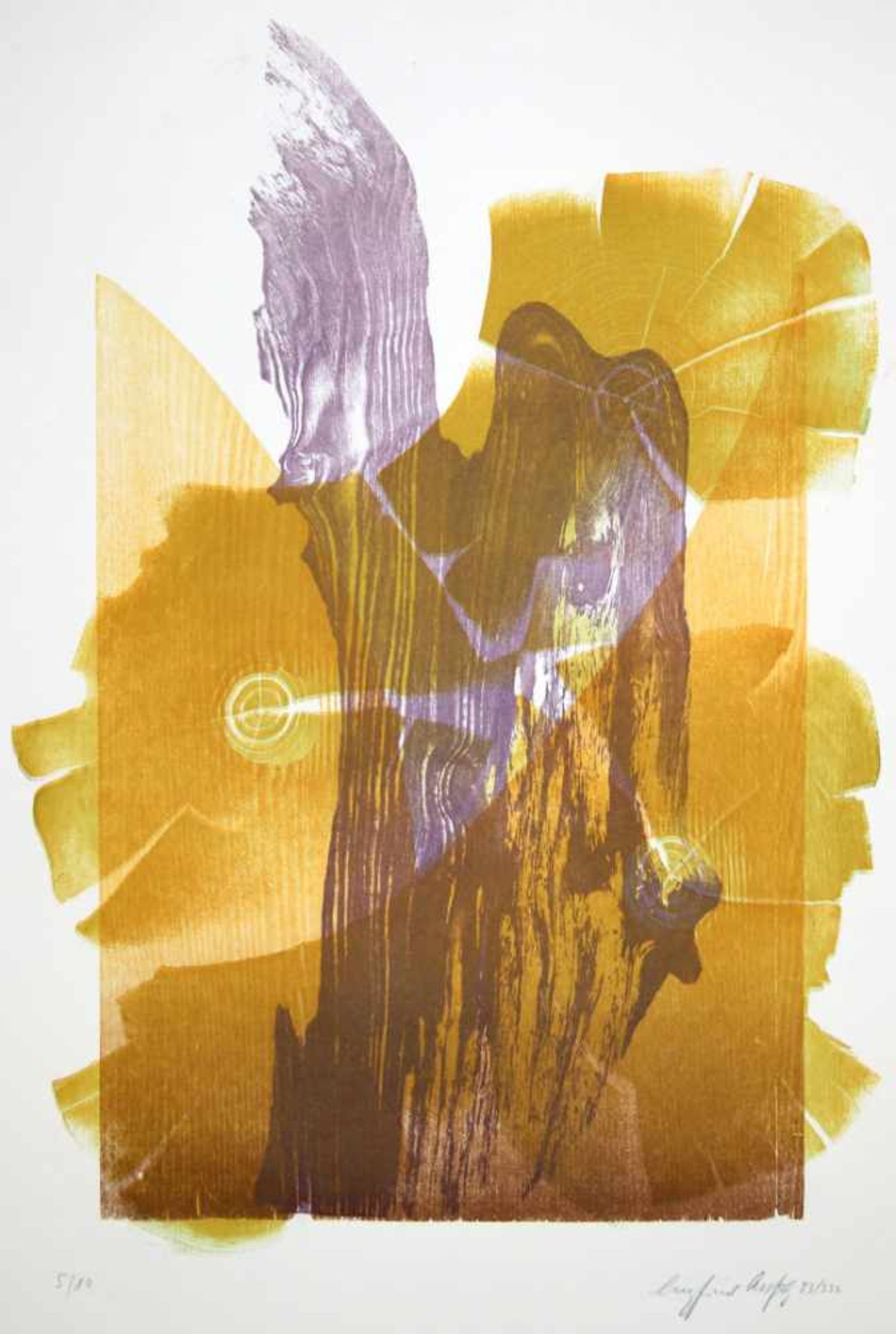 Assfalg, Siegfried. (1925-2012):Abstrakte Komposition mit Baum. Farbholzschnitt. Signiert und mit