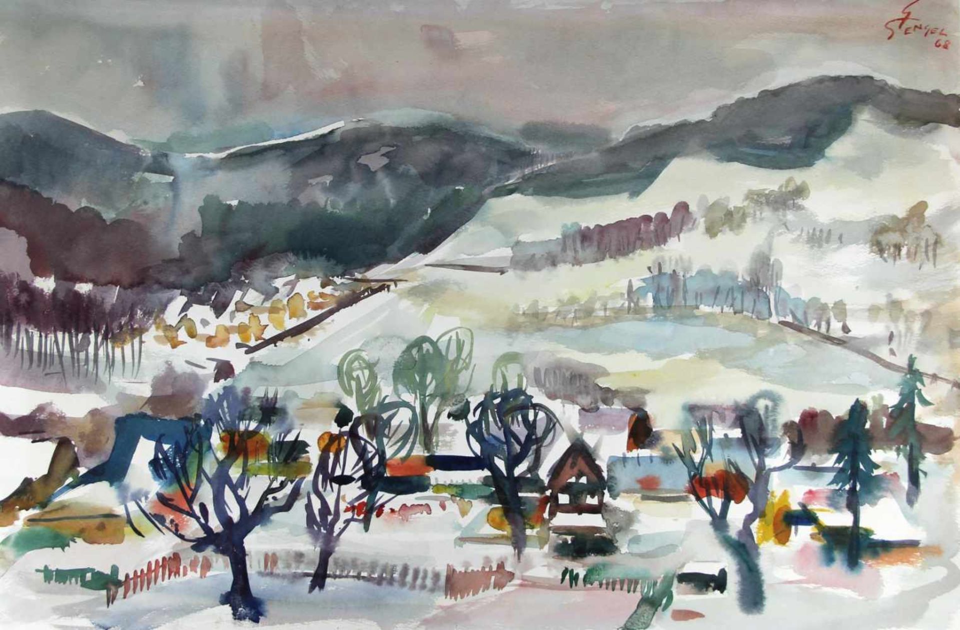 Stengel, Gerhard. (1915-2001):Dorf im Erzgebirge. Landschaftsdarstellung. Aquarell. Signiert und