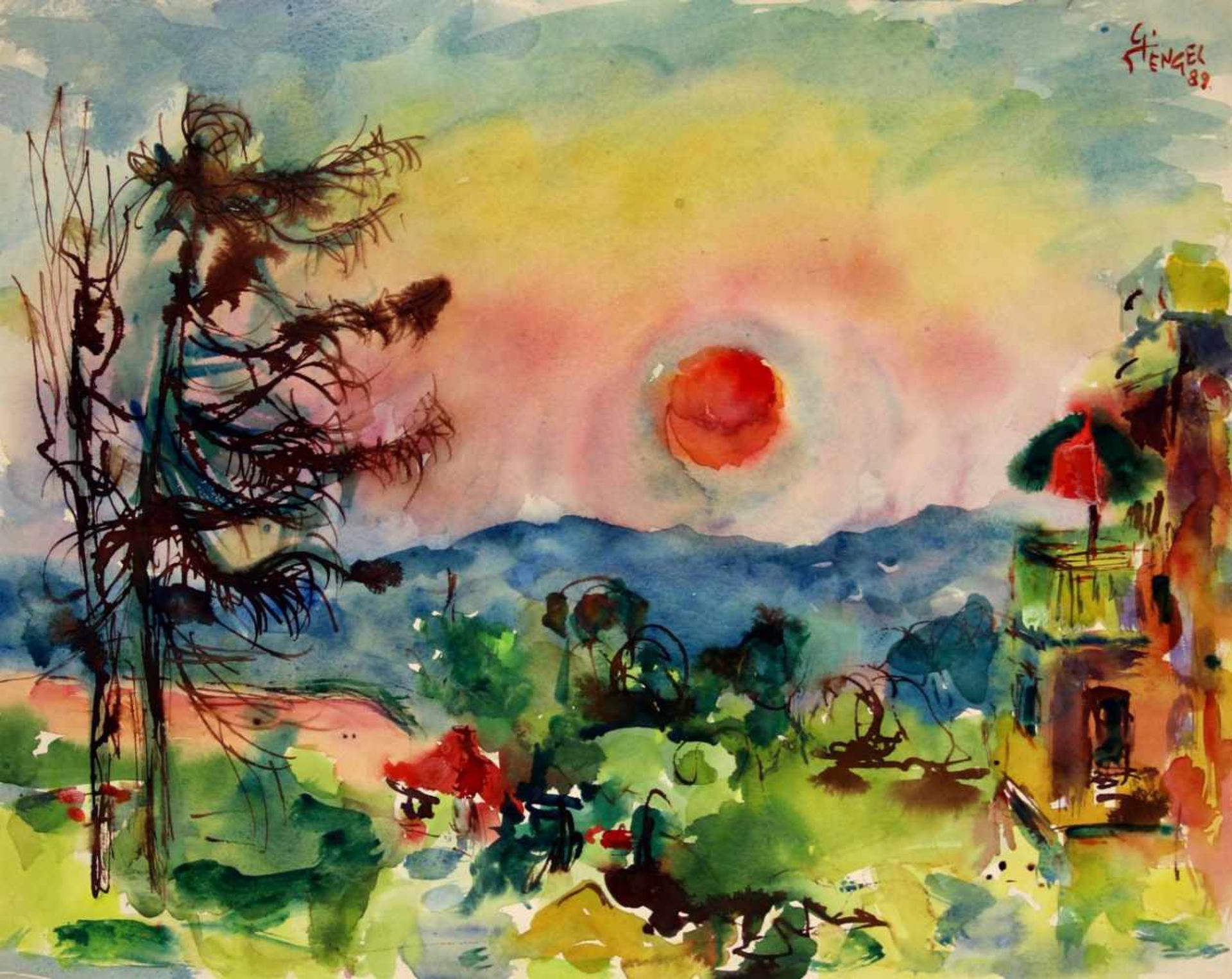 Stengel, Gerhard. (1915-2001):Abendlandschaft über Dresden Oberloschwitz. Aquarell. Signiert und