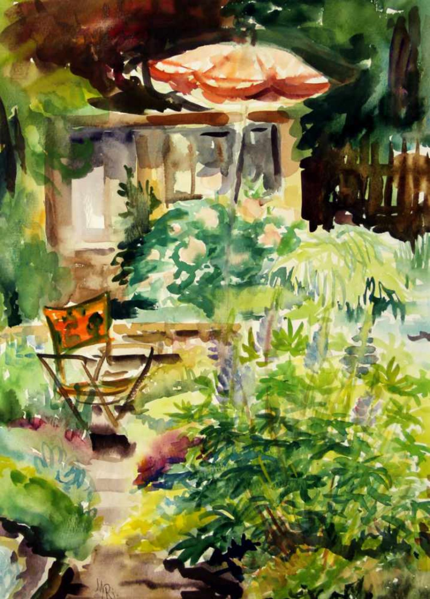 Riedel, Marianne. (Geb. 1930):Der Sitzplatz am Blumenbeet. Aquarell. Monogrammiert. Rückseitig