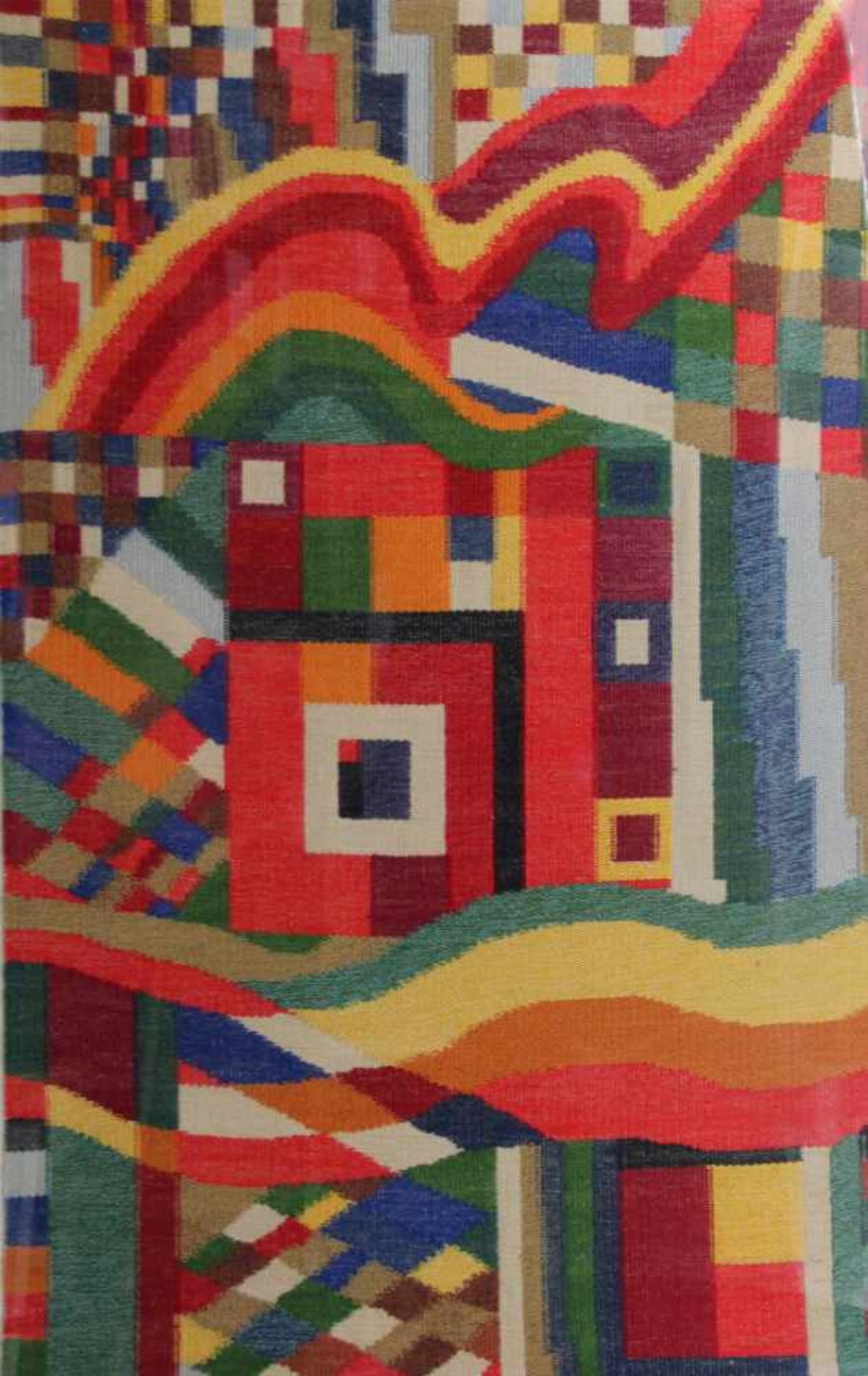 Frank, Siegrid. (1936-2003):Hommage an Gunta Stölzl. Textilkunst. Farbige Handwebarbeit. 90 x 56 cm.