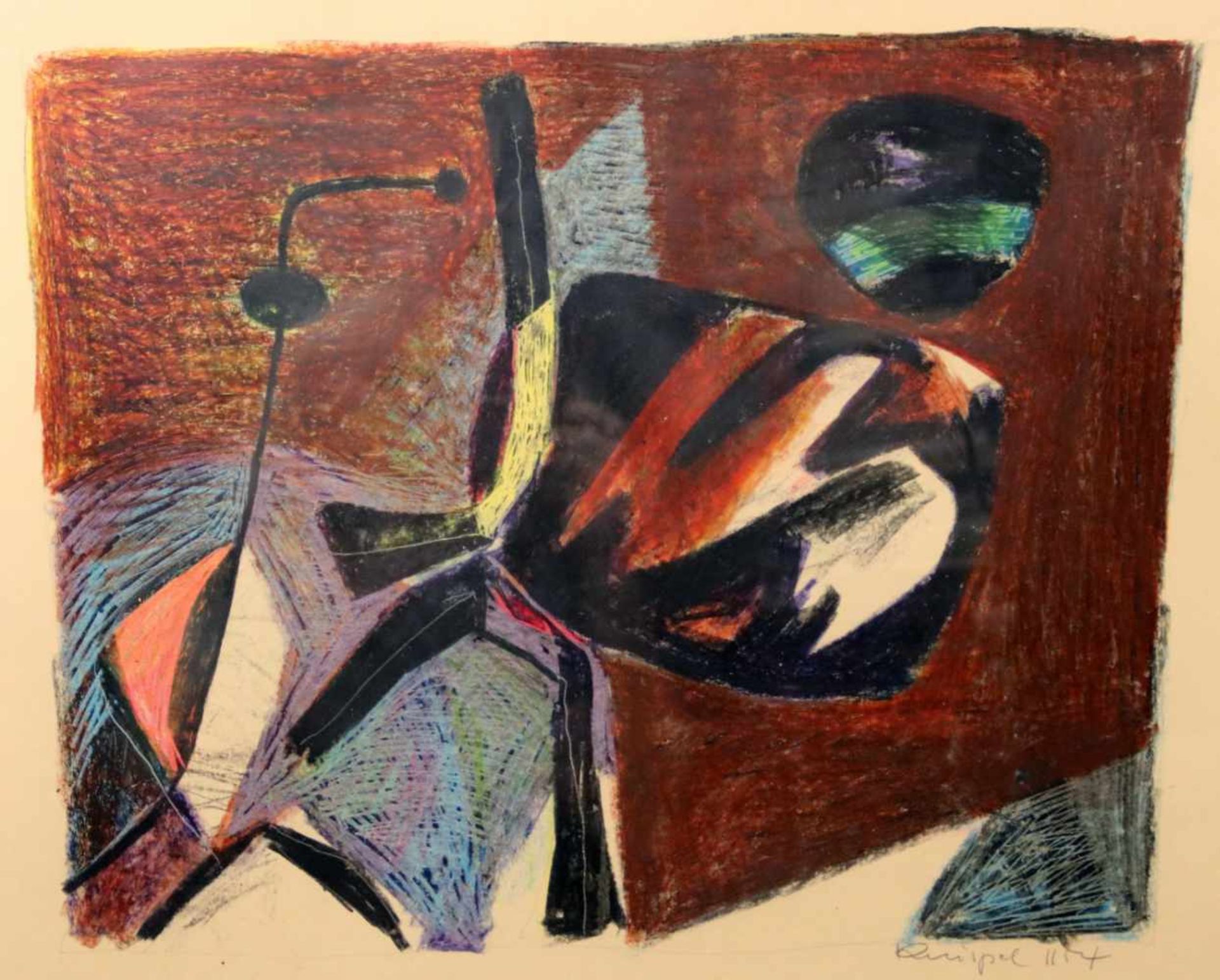 Knispel, Ulrich. (1911-1978):Ohne Titel. Abstrakte Komposition. Farbige Kreidezeichnung über