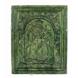 Ofenkachel, Winterthur17.Jh. Keramik, grüne Glasur, Reliefdekor: Frauenfigur (wohl Engel) mit