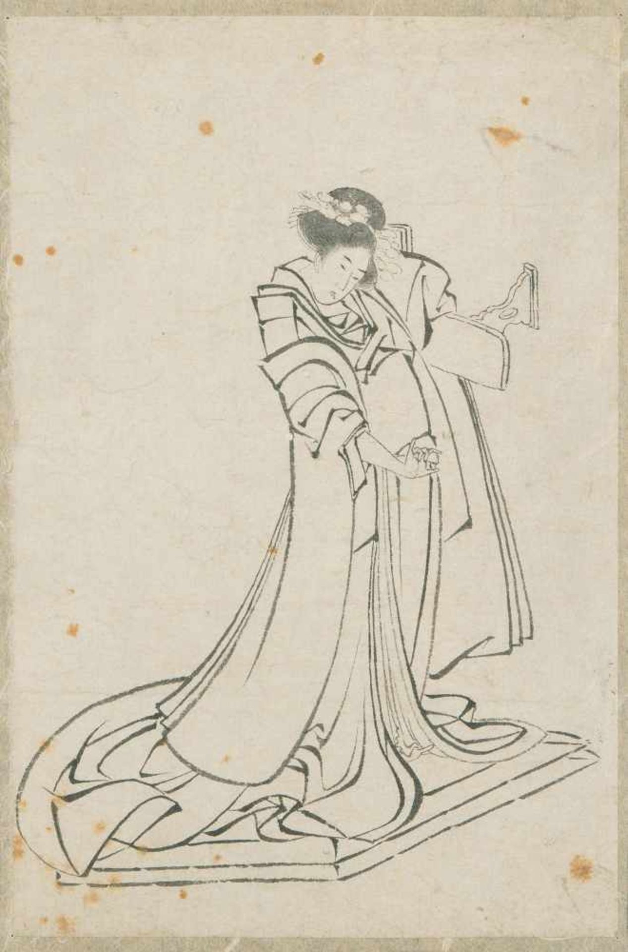 SkizzeJapan, 19.Jh. Tusche auf Papier. In der Art von Hokusai-Schule. Kurtisane, ein Holzkissen